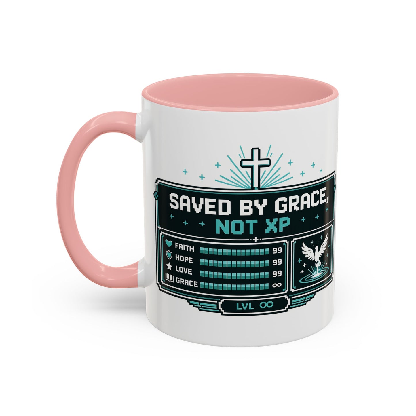 Christian Coffee Mug — "Saved by Grace, Not XP" Gamer Faith Accent Mug