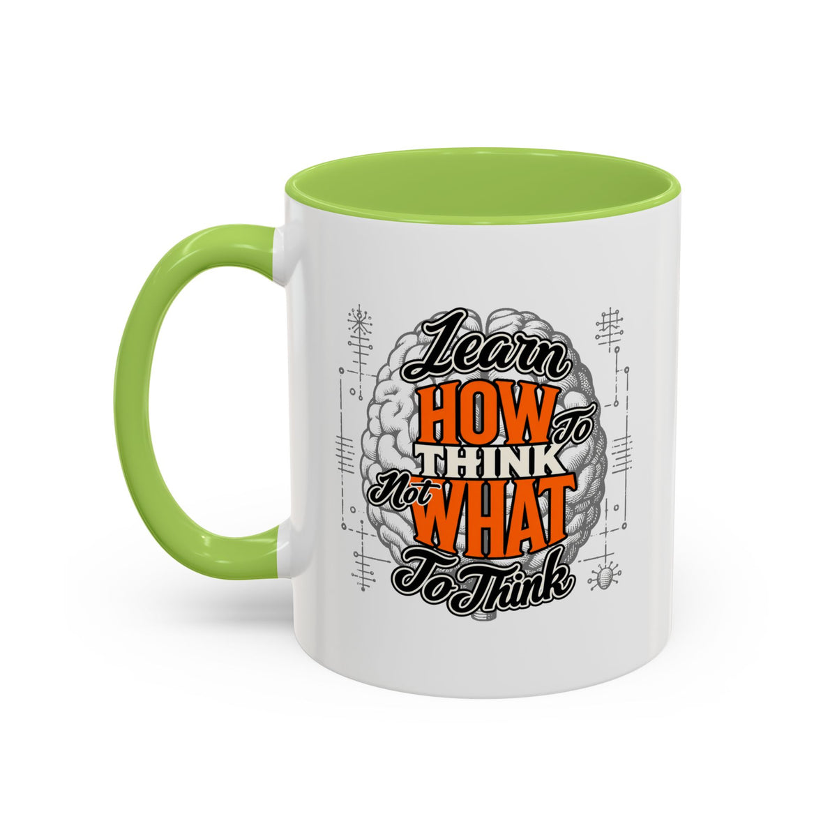 Taza de café con acento: "Aprende a pensar, no qué pensar", taza con frase inspiradora