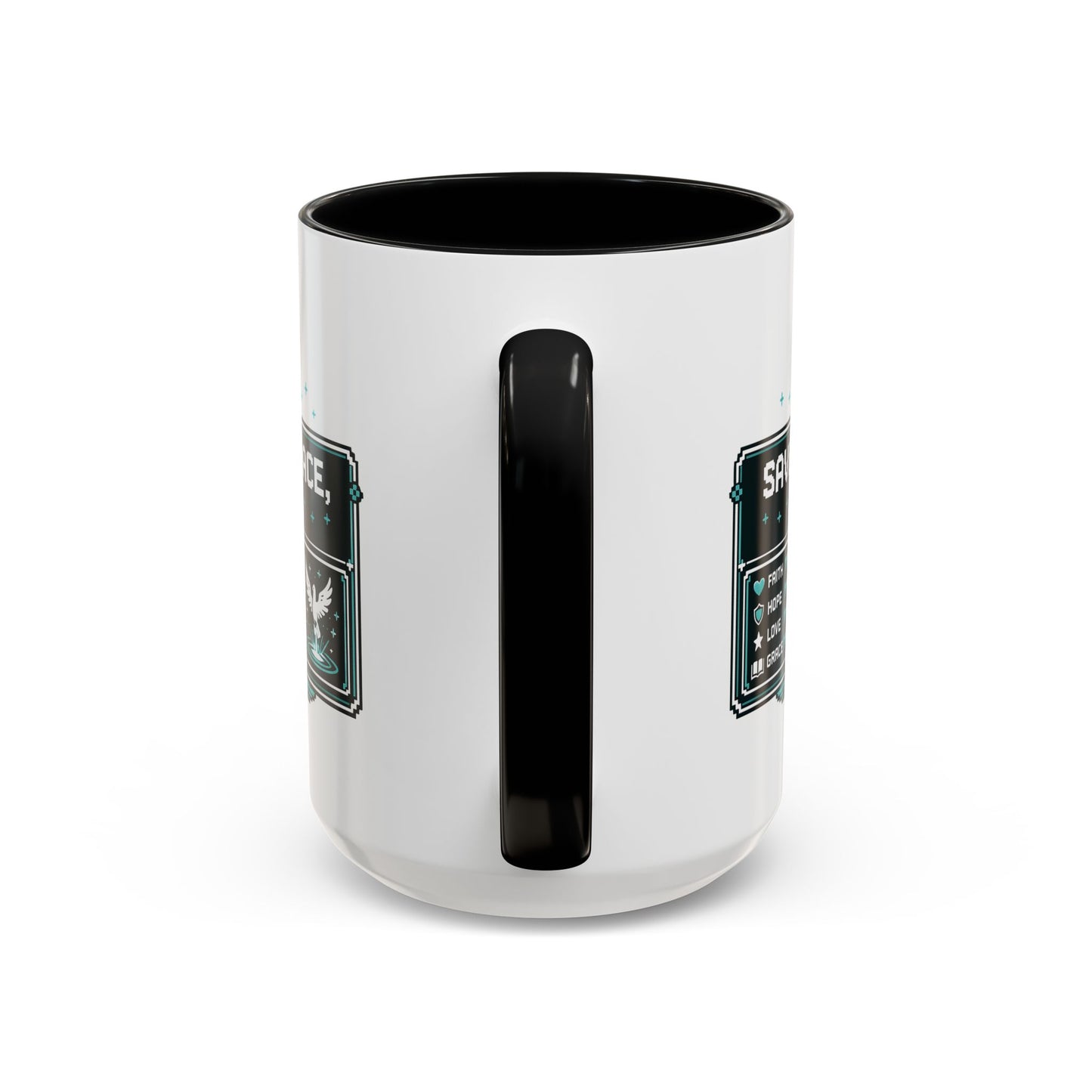 Christian Coffee Mug — "Saved by Grace, Not XP" Gamer Faith Accent Mug
