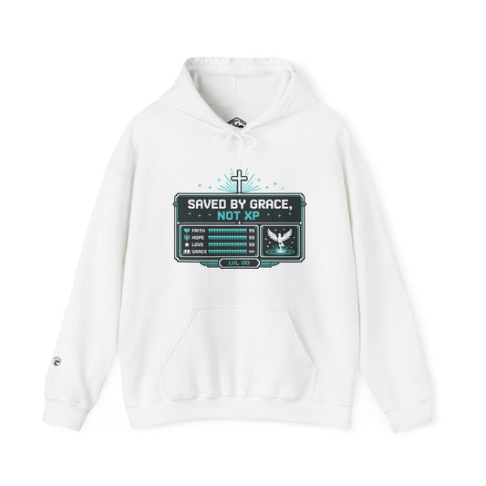 Christian Gamer Hoodie - "Saved by Grace, Not XP" Faith & Gaming Pullover
