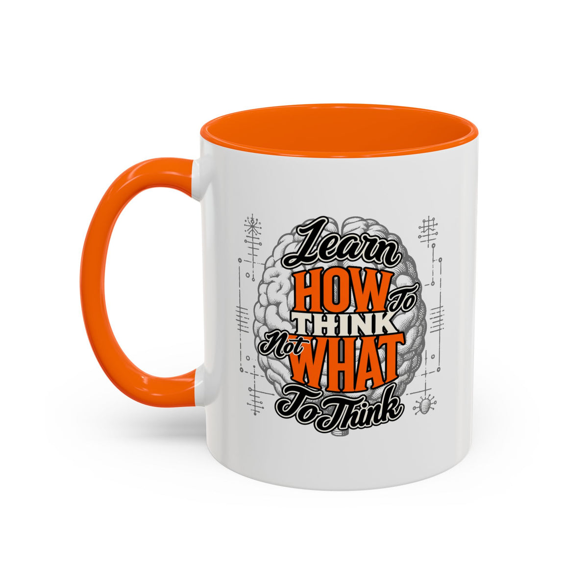 Taza de café con acento: "Aprende a pensar, no qué pensar", taza con frase inspiradora