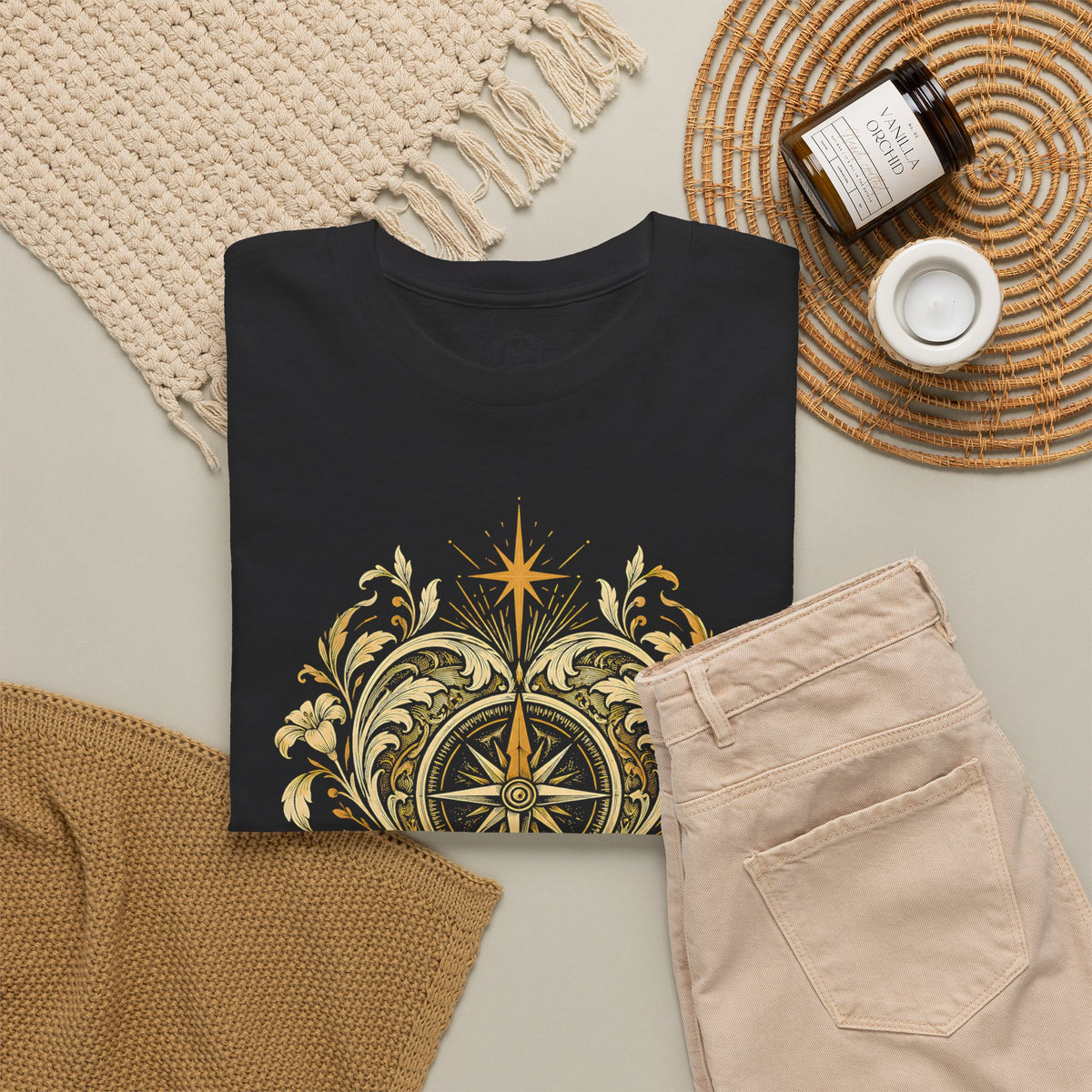 Our Hearts Are Restless Gold Compass Heart T-Shirt | Augustine Christian Tee