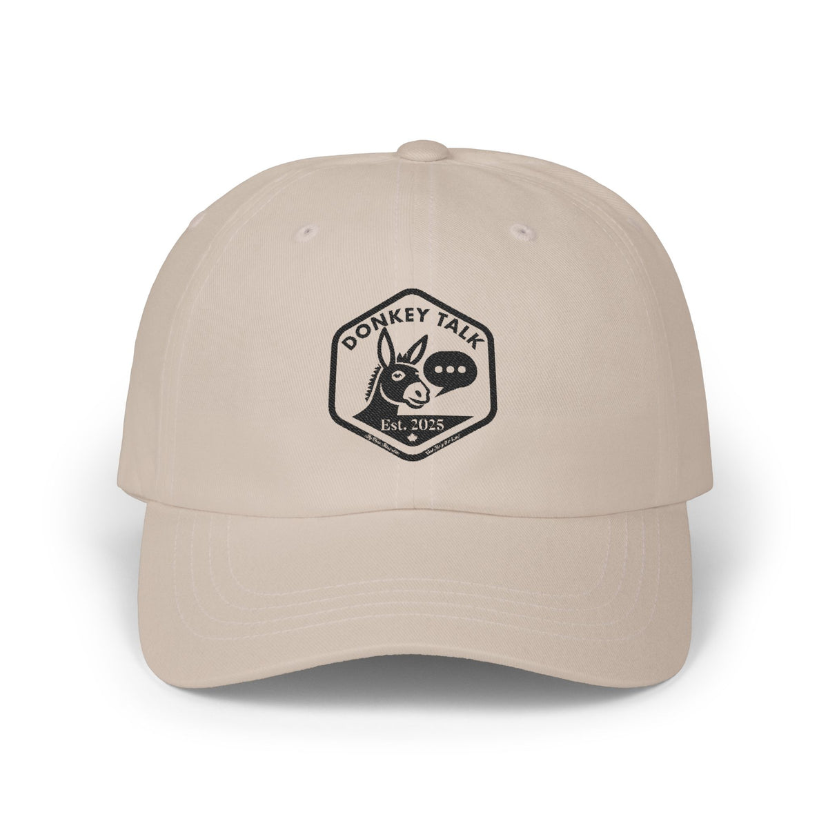 Donkey Talk logo white dad cap