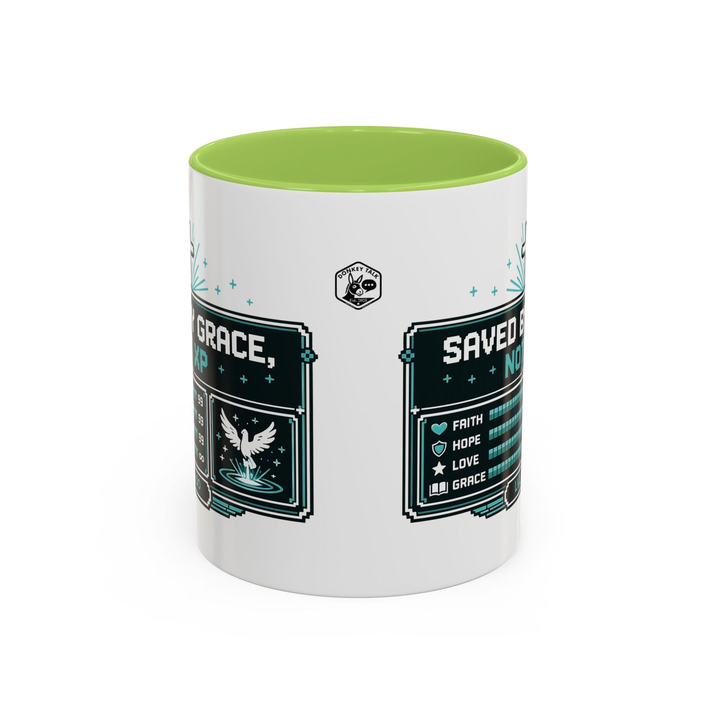Christian Coffee Mug — "Saved by Grace, Not XP" Gamer Faith Accent Mug