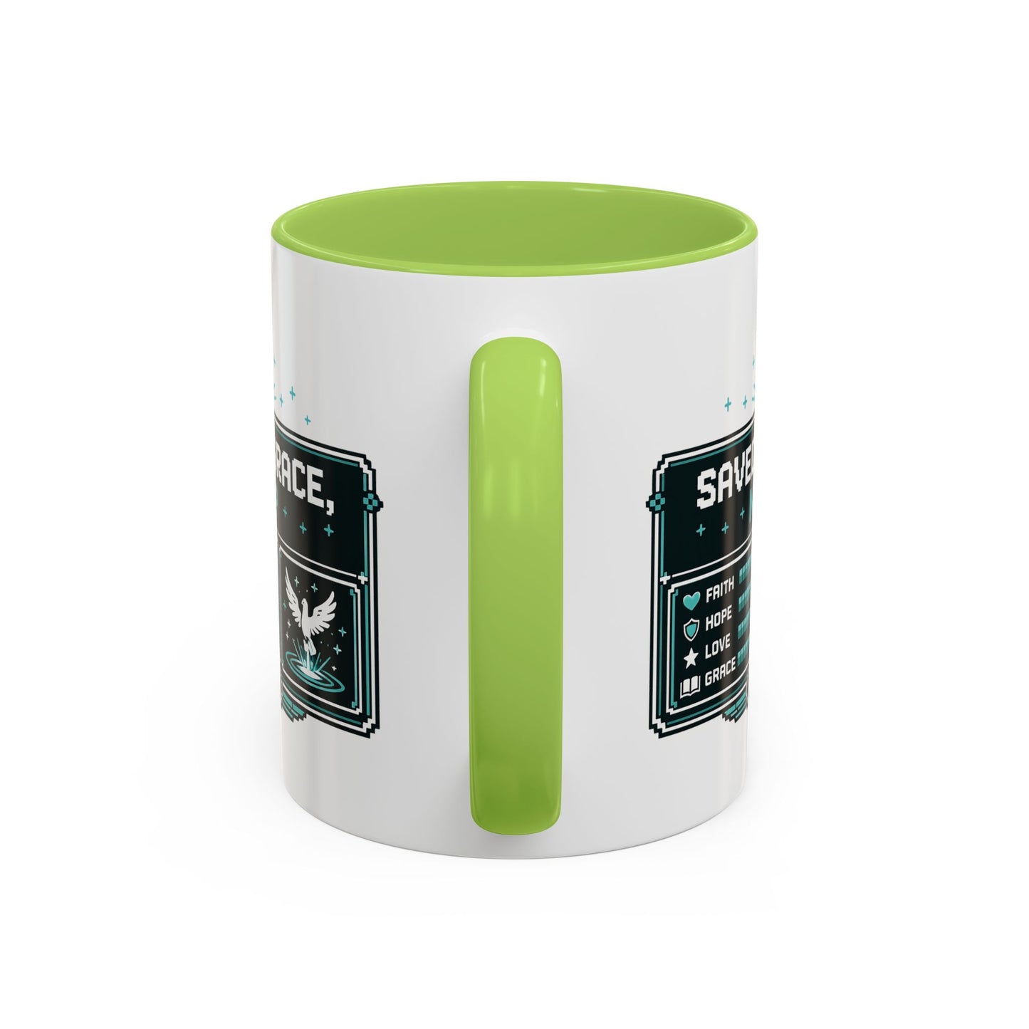 Christian Coffee Mug — "Saved by Grace, Not XP" Gamer Faith Accent Mug