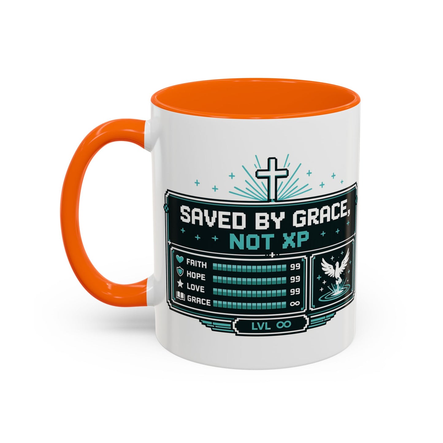 Christian Coffee Mug — "Saved by Grace, Not XP" Gamer Faith Accent Mug