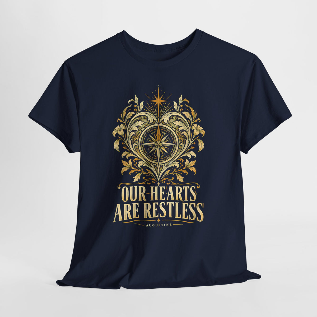 Our Hearts Are Restless Gold Compass Heart T-shirt – Donkey Talk graphic tee