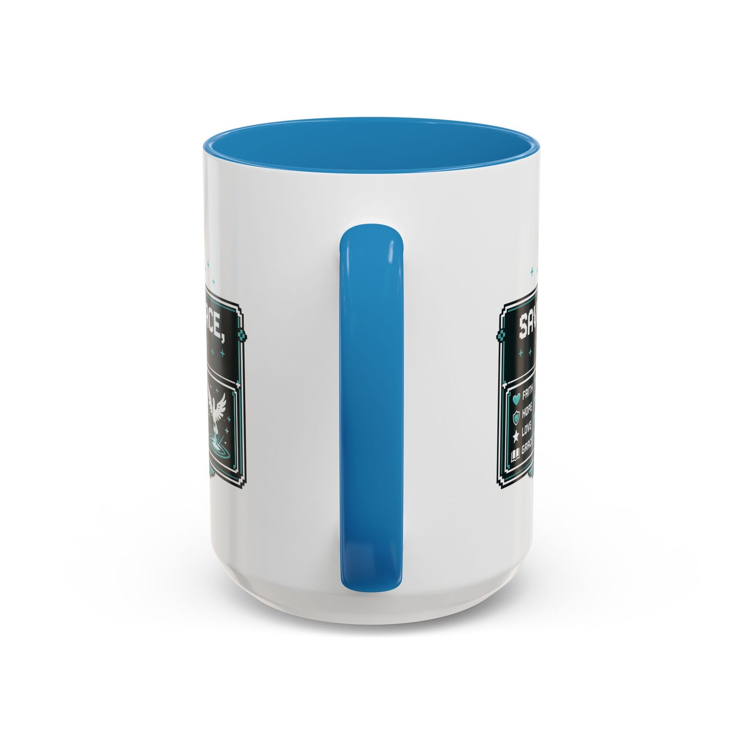 Christian Coffee Mug — "Saved by Grace, Not XP" Gamer Faith Accent Mug