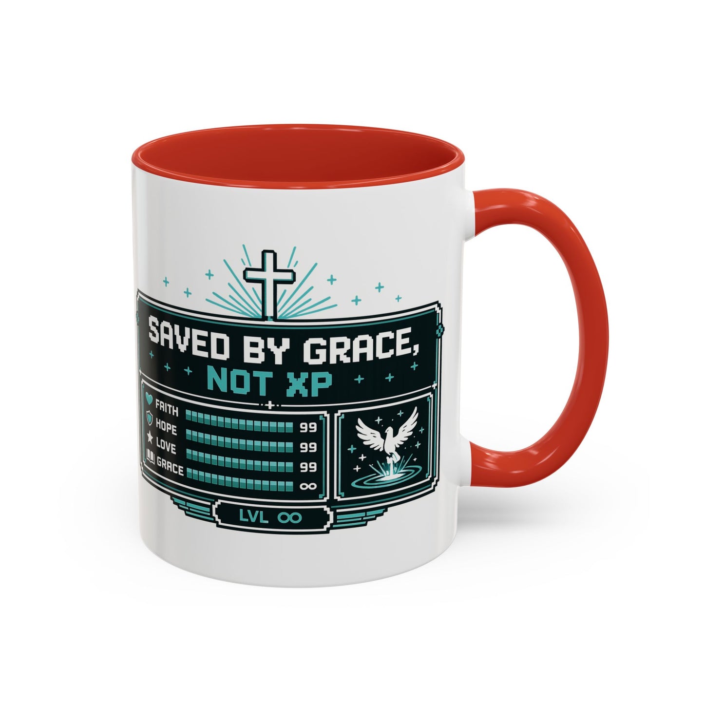 Christian Coffee Mug — "Saved by Grace, Not XP" Gamer Faith Accent Mug