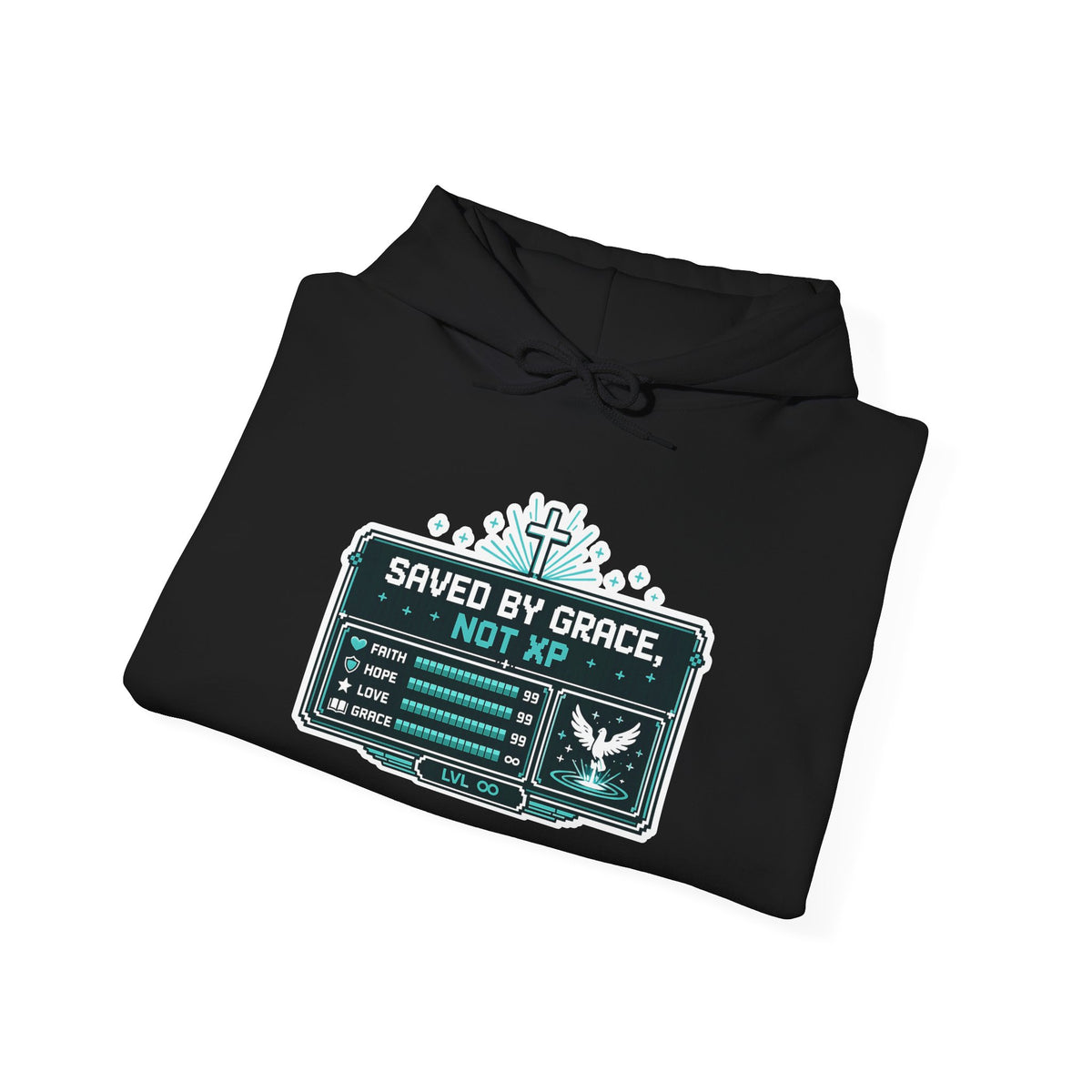 Christian Gamer Hoodie - "Saved by Grace, Not XP" Faith & Gaming Pullover