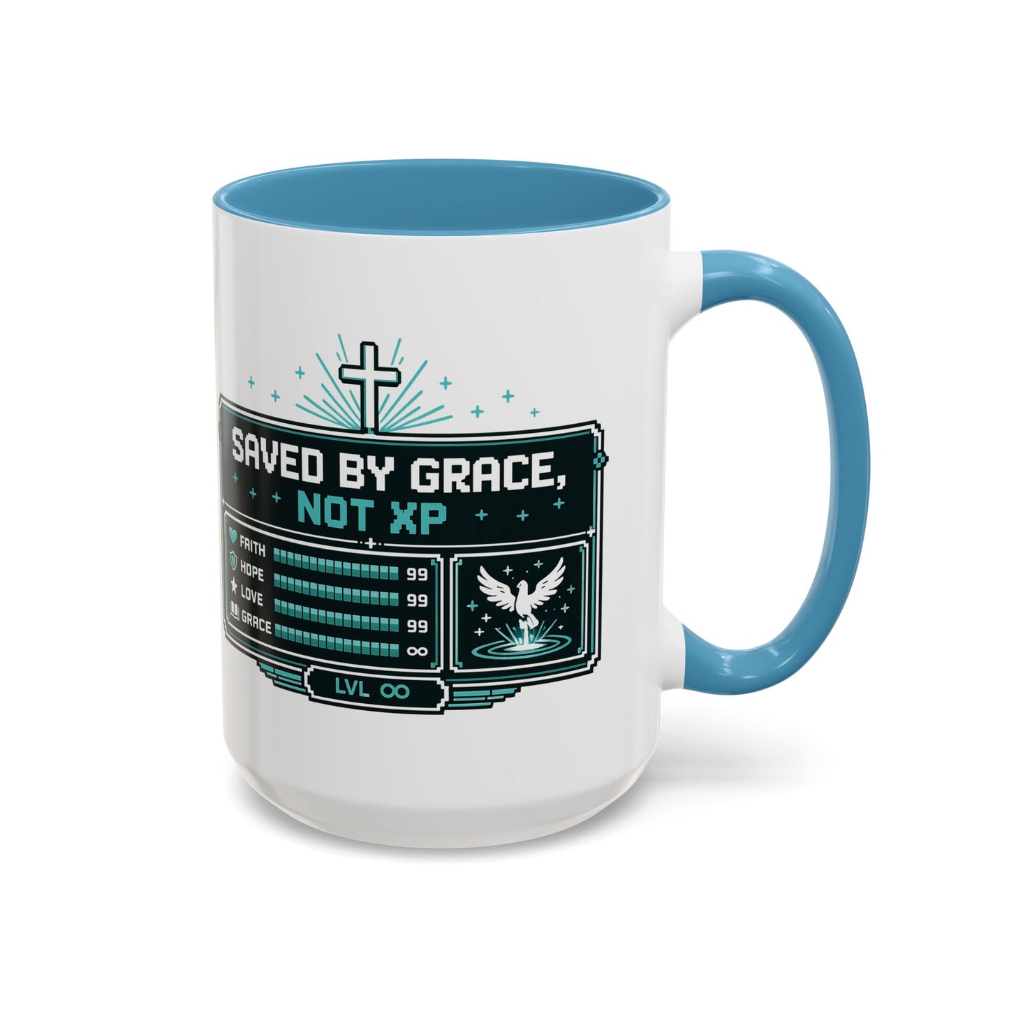 Christian Coffee Mug — "Saved by Grace, Not XP" Gamer Faith Accent Mug
