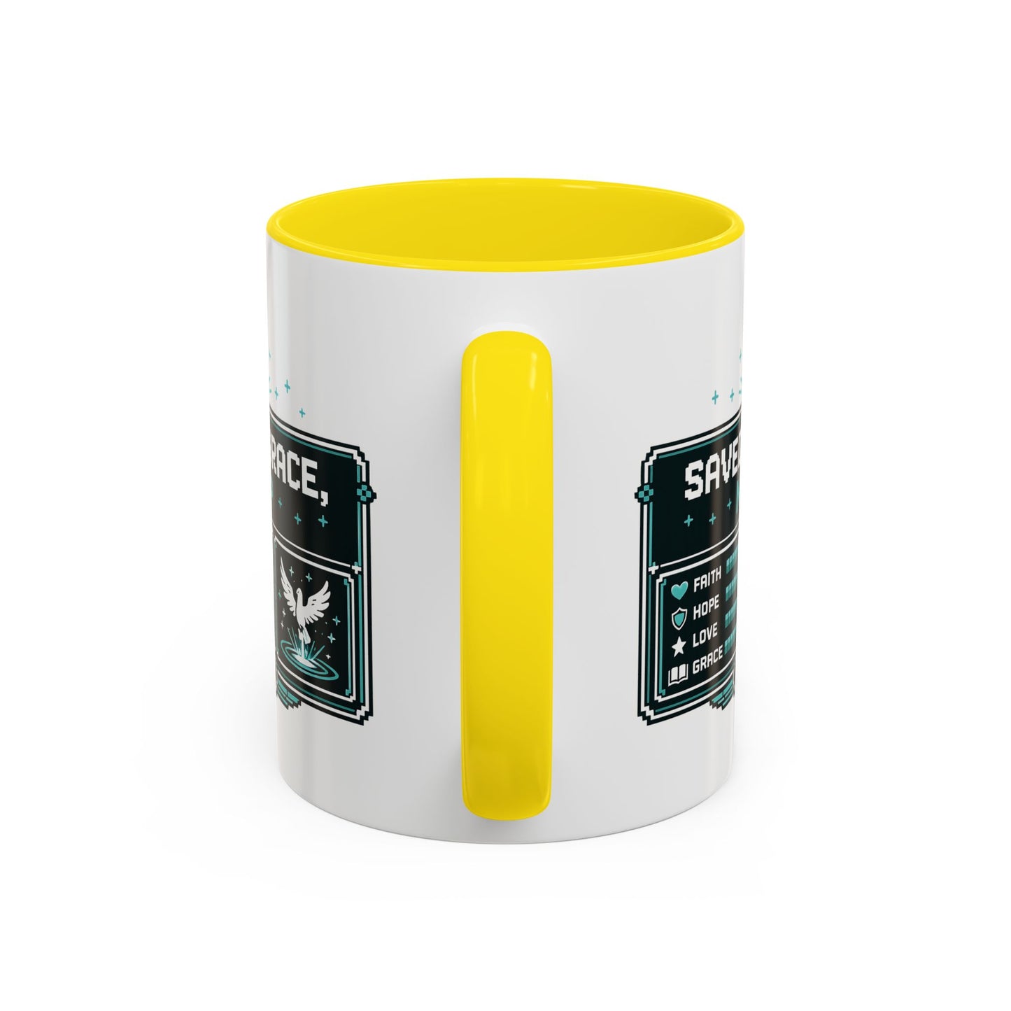 Christian Coffee Mug — "Saved by Grace, Not XP" Gamer Faith Accent Mug