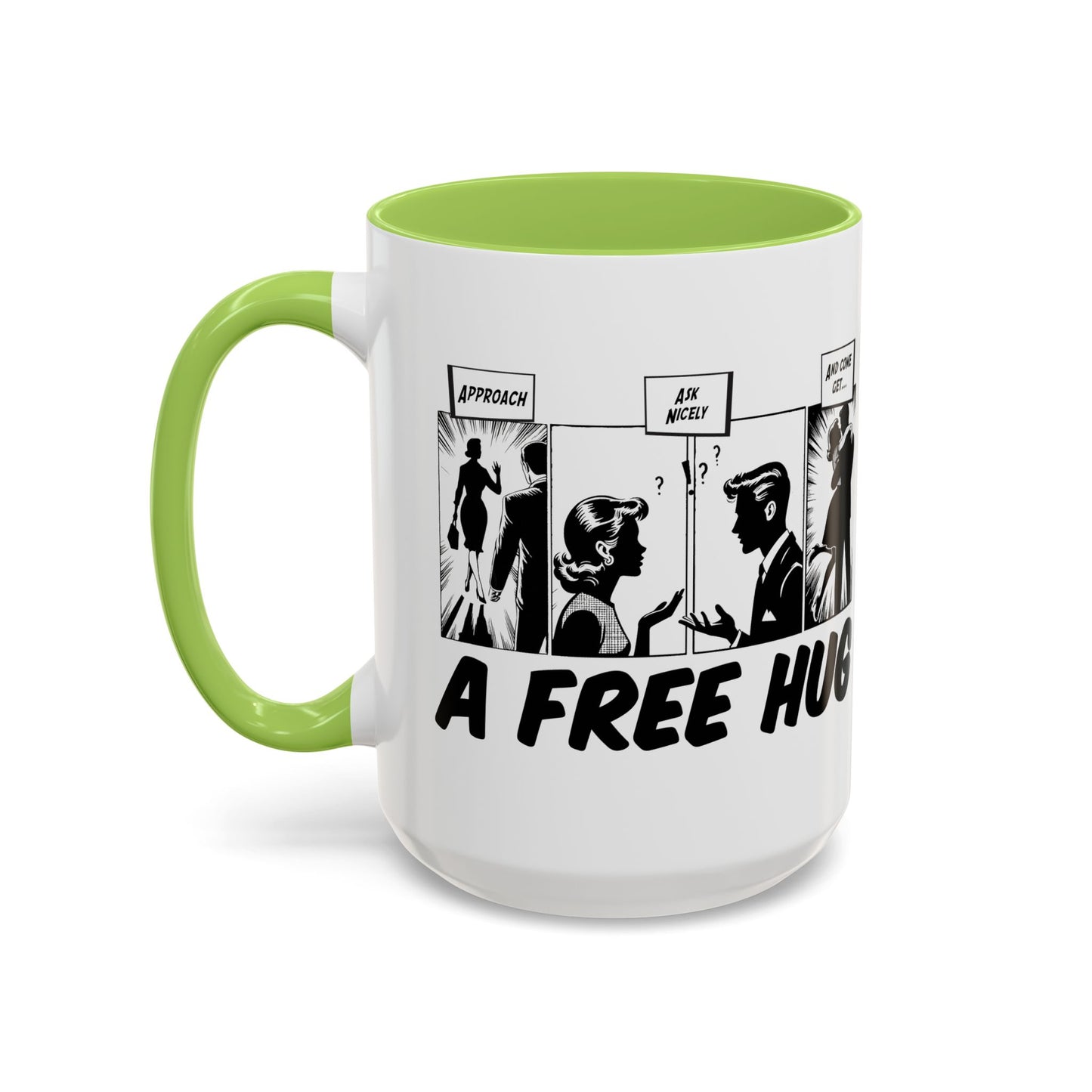 Free Hug Day Accent Coffee Mug – Funny Black & White Comic Speech Bubble Design (11/15 oz)