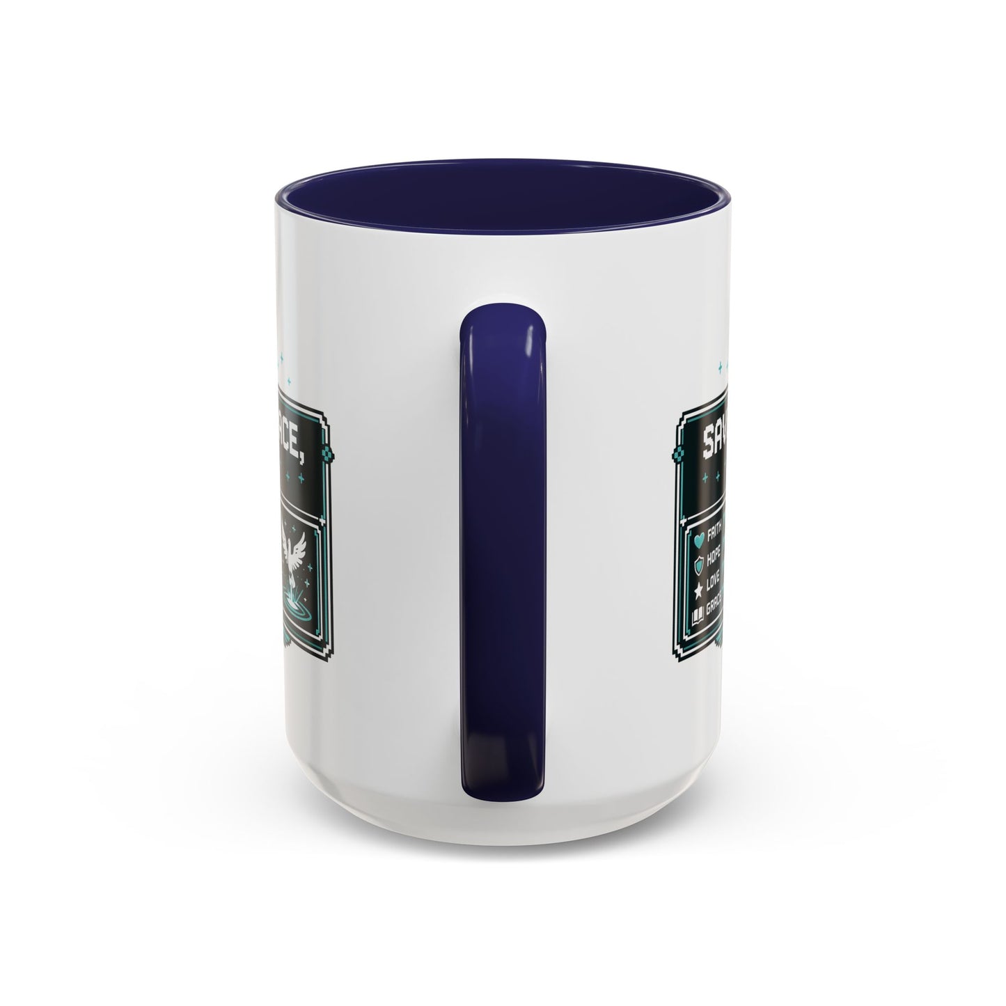 Christian Coffee Mug — "Saved by Grace, Not XP" Gamer Faith Accent Mug