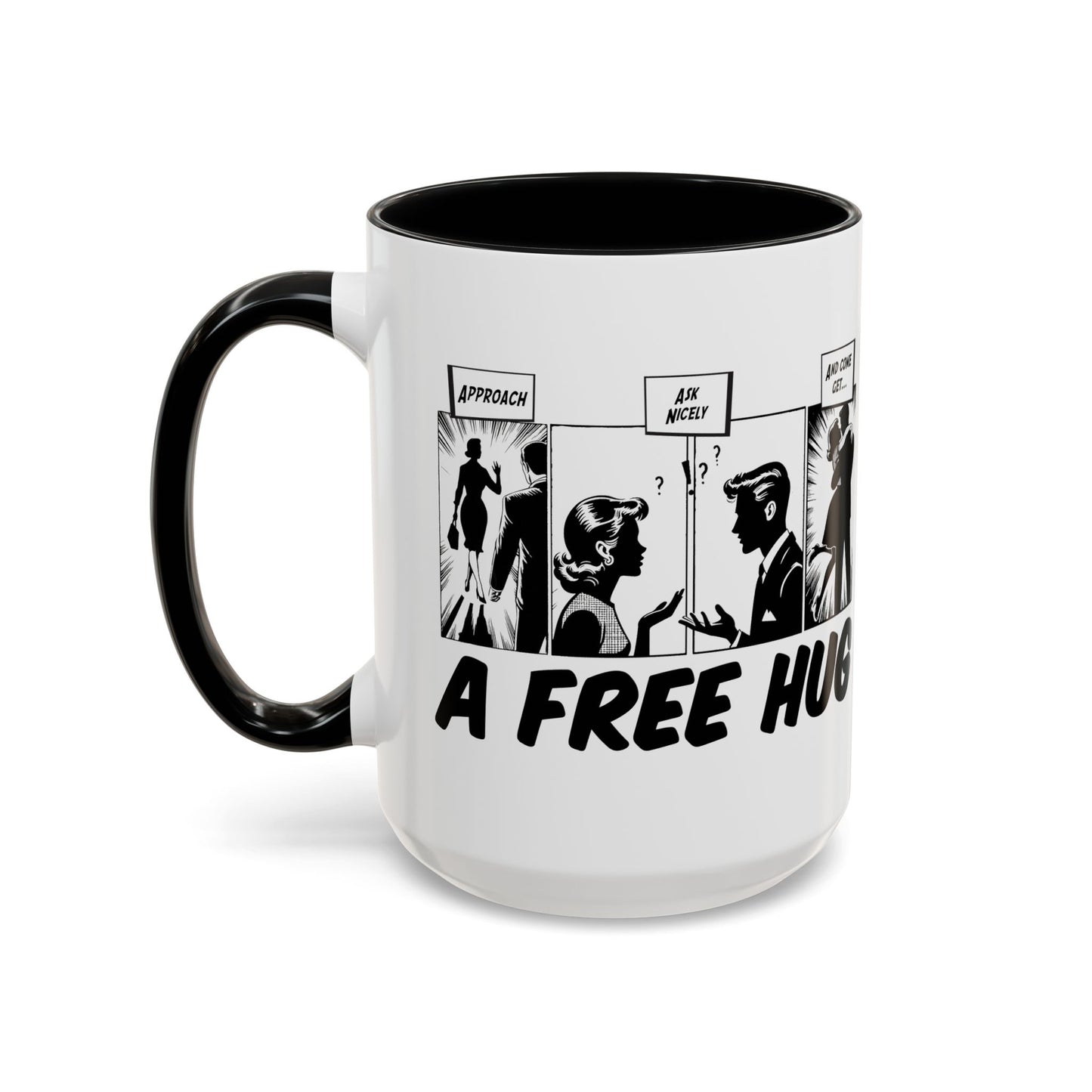 Free Hug Day Accent Coffee Mug – Funny Black & White Comic Speech Bubble Design (11/15 oz)
