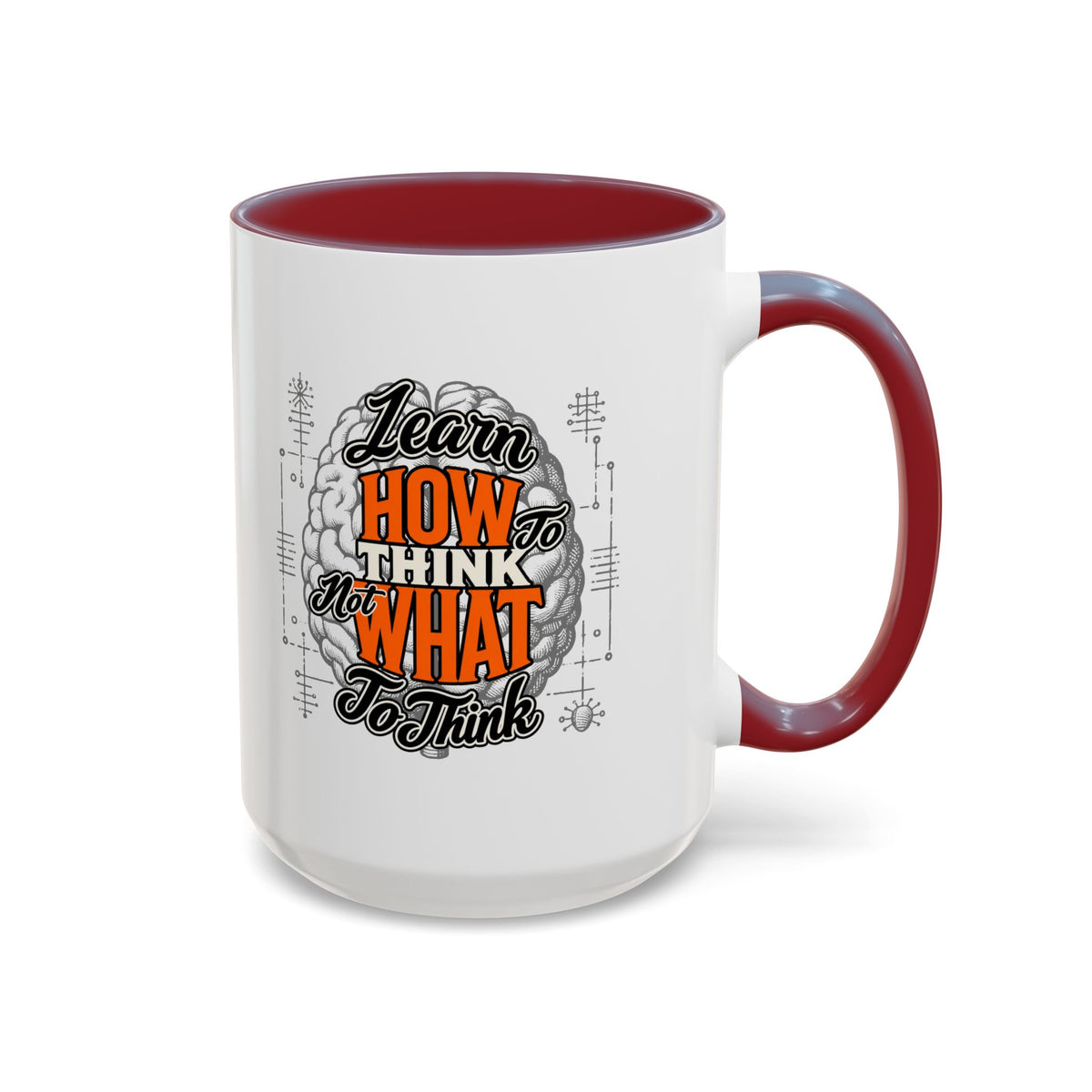 Taza de café con acento: "Aprende a pensar, no qué pensar", taza con frase inspiradora