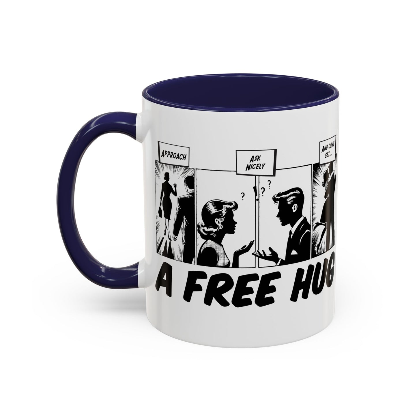 Free Hug Day Accent Coffee Mug – Funny Black & White Comic Speech Bubble Design (11/15 oz)