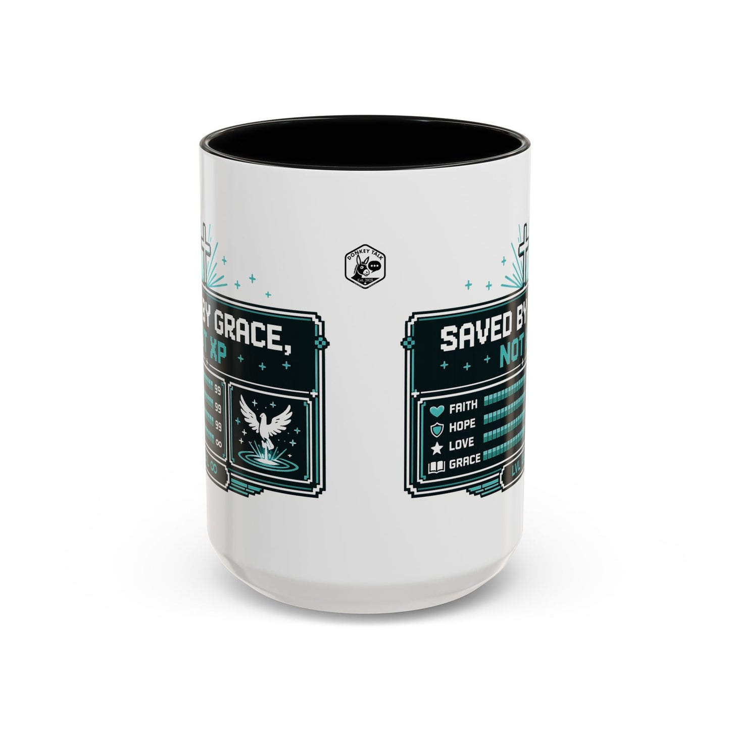 Christian Coffee Mug — "Saved by Grace, Not XP" Gamer Faith Accent Mug