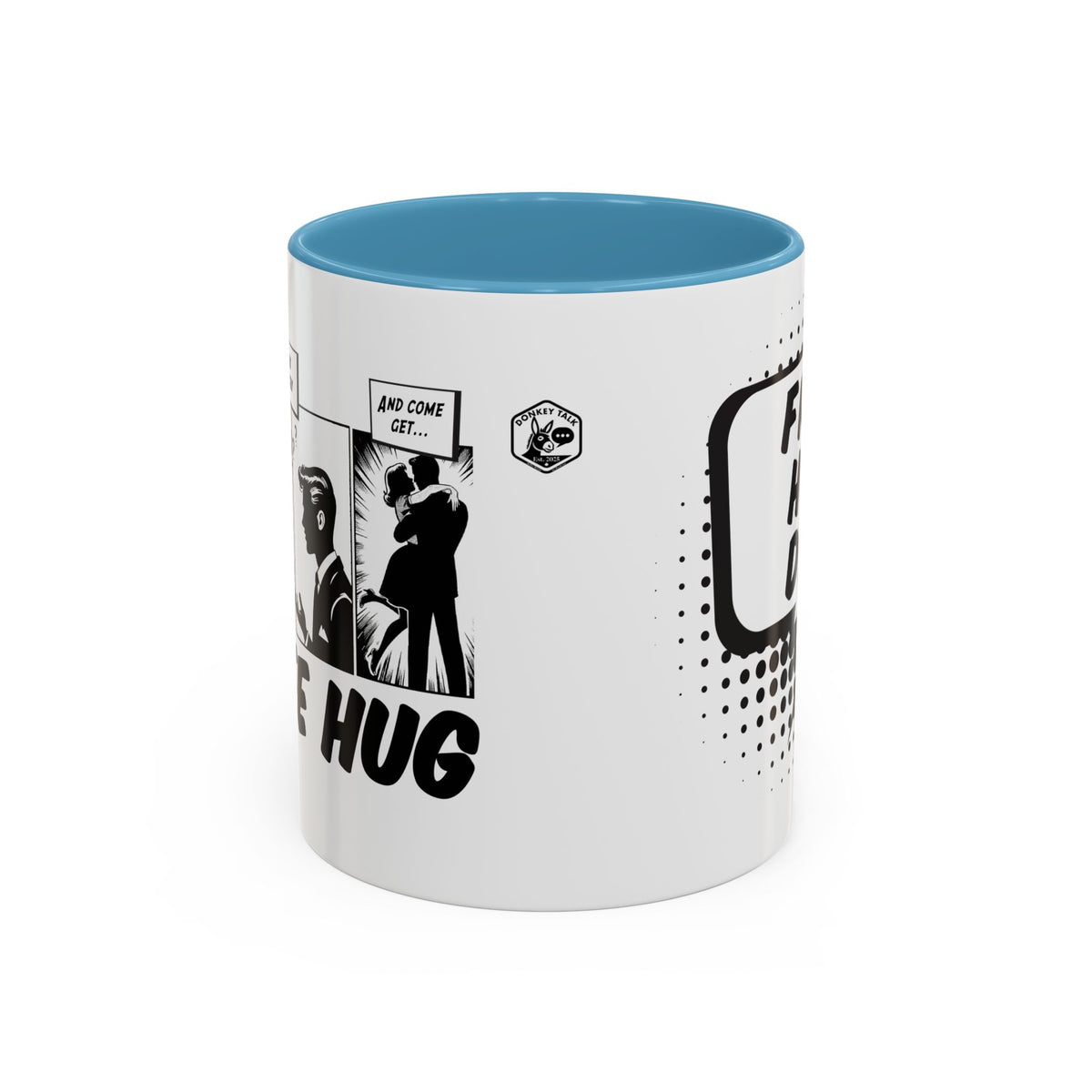 Free Hug Day comic speech bubble coffee mug – Donkey Talk ceramic mug