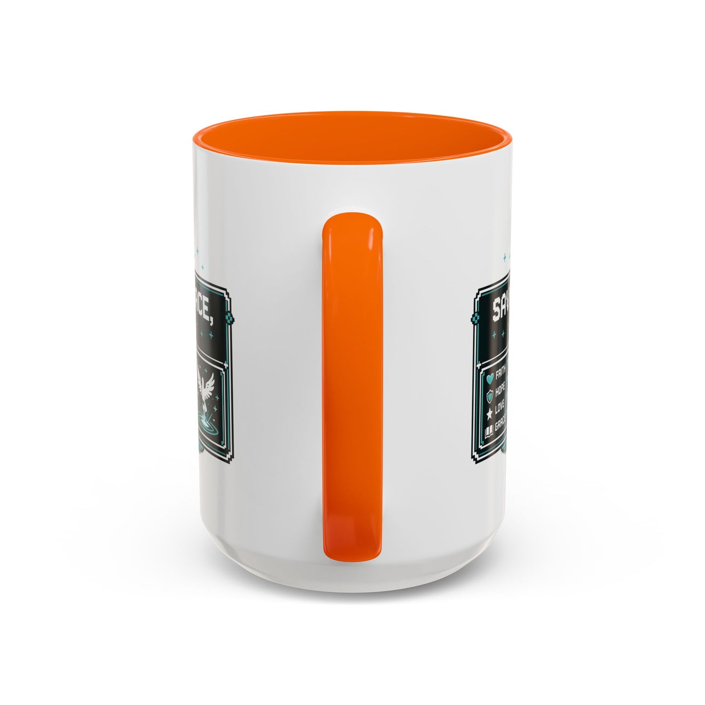 Christian Coffee Mug — "Saved by Grace, Not XP" Gamer Faith Accent Mug