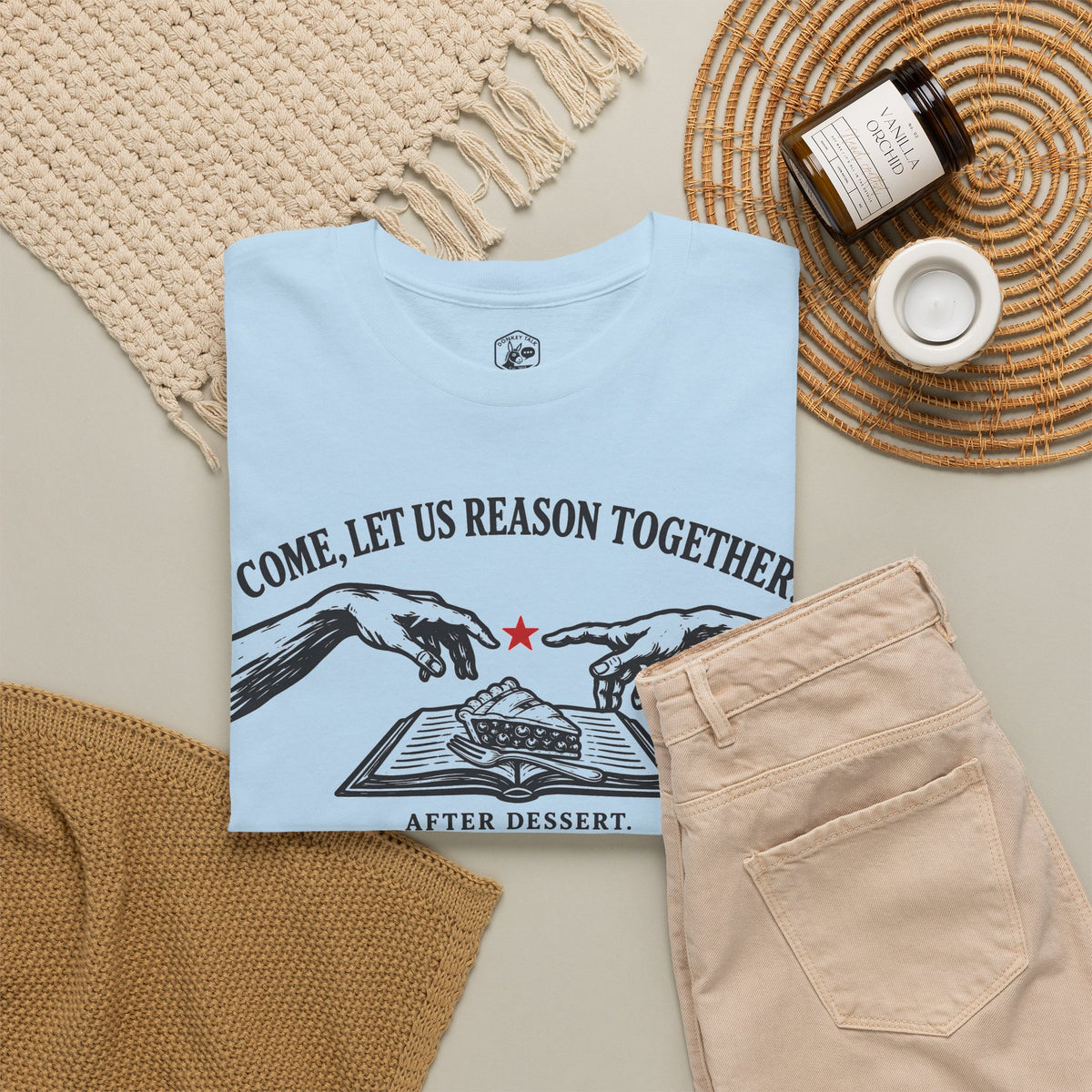 Come Let Us Reason Together After Dessert T-shirt – Donkey Talk graphic tee