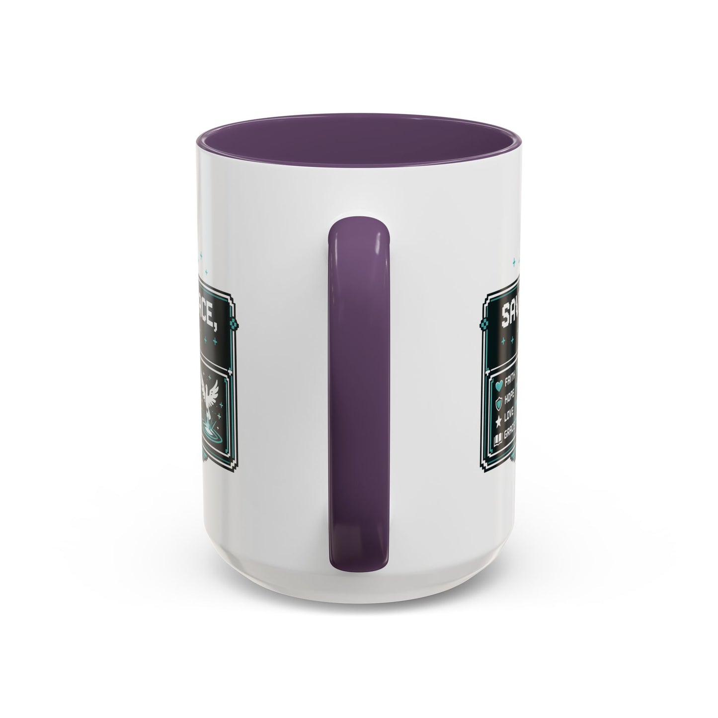 Christian Coffee Mug — "Saved by Grace, Not XP" Gamer Faith Accent Mug