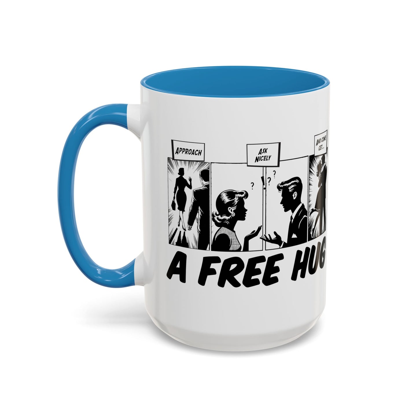 Free Hug Day Accent Coffee Mug – Funny Black & White Comic Speech Bubble Design (11/15 oz)