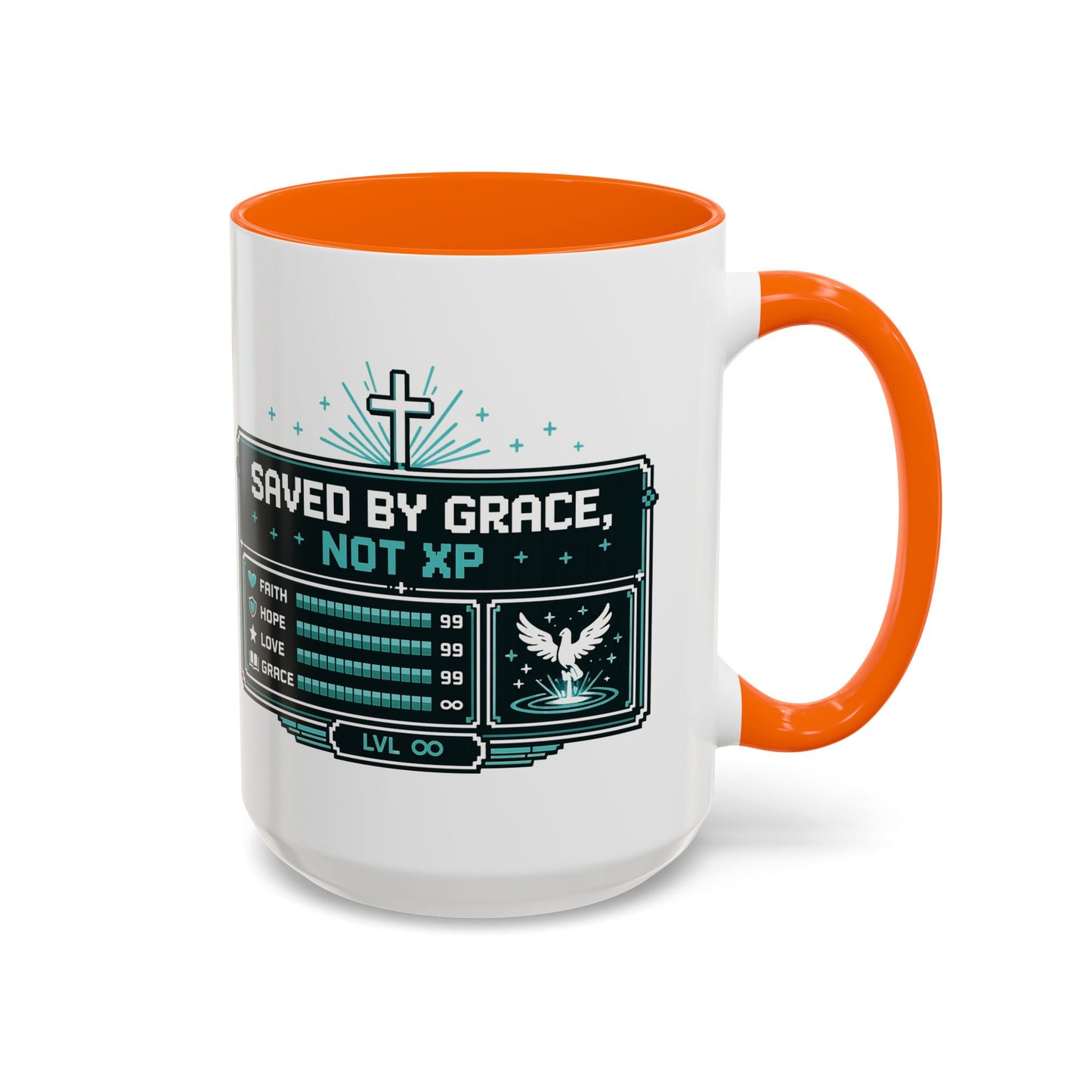 Christian Coffee Mug — "Saved by Grace, Not XP" Gamer Faith Accent Mug