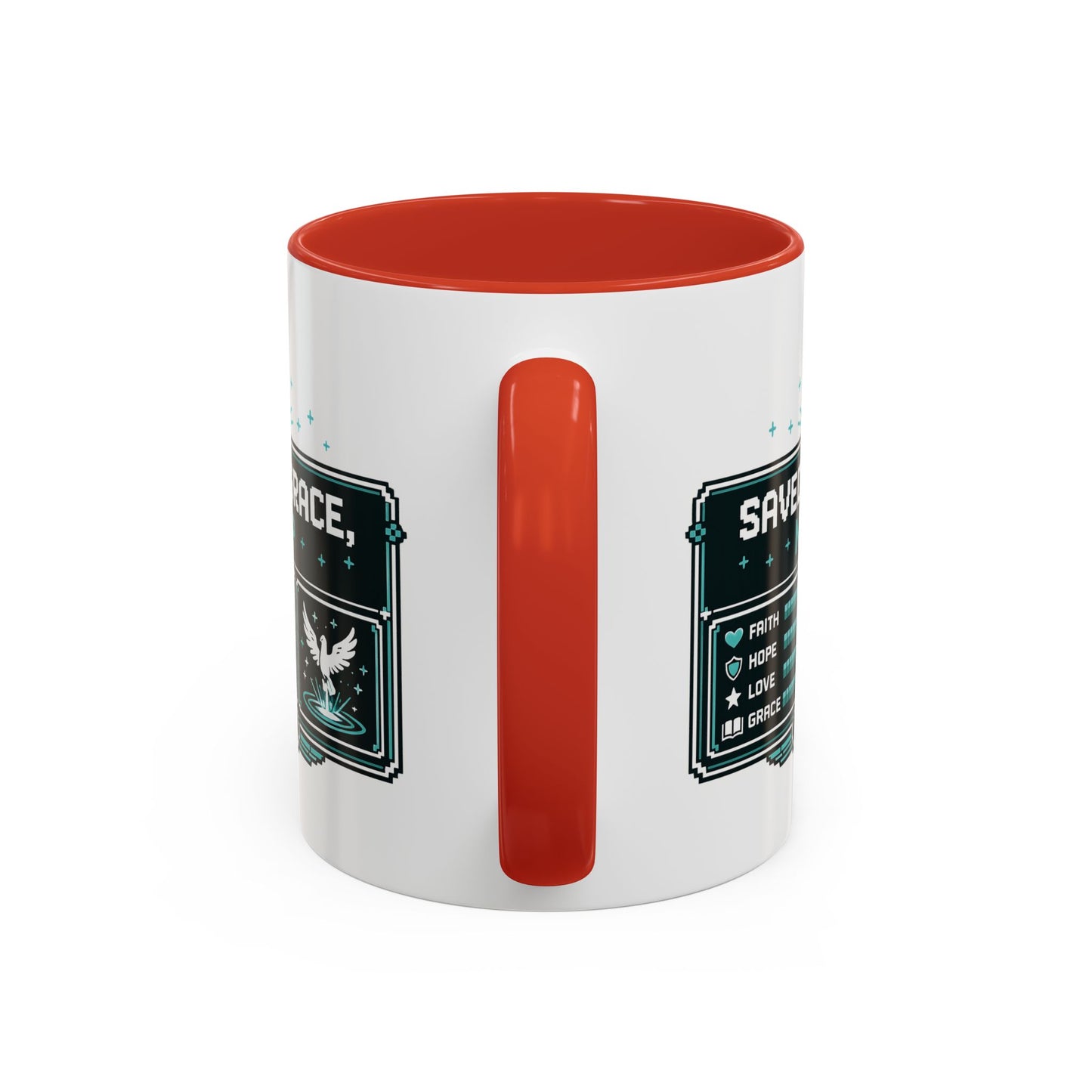 Christian Coffee Mug — "Saved by Grace, Not XP" Gamer Faith Accent Mug