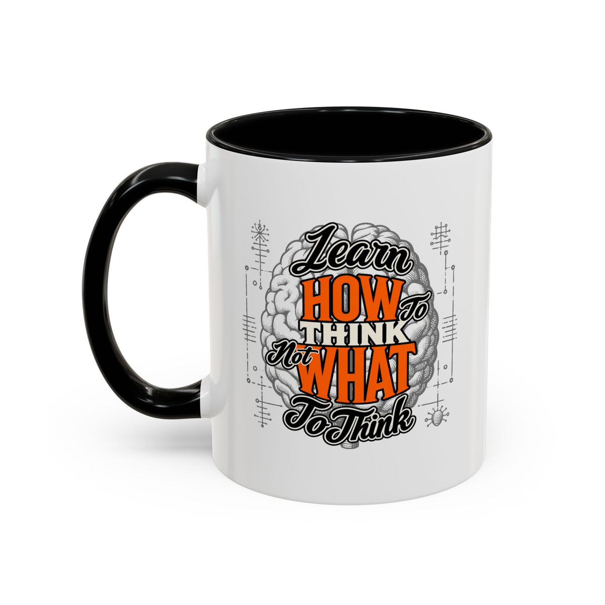 Taza de café con acento: "Aprende a pensar, no qué pensar", taza con frase inspiradora
