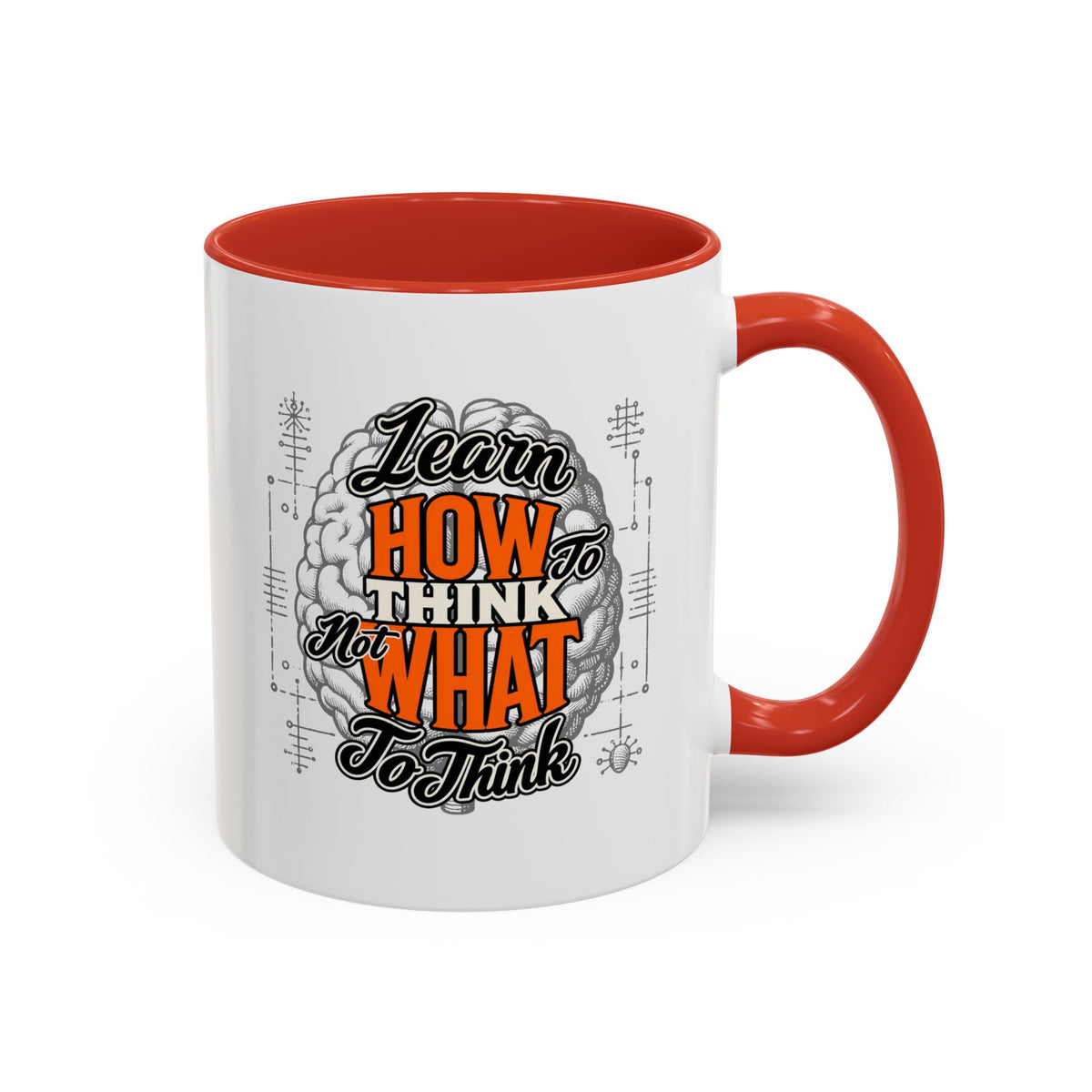 Taza de café con acento: "Aprende a pensar, no qué pensar", taza con frase inspiradora