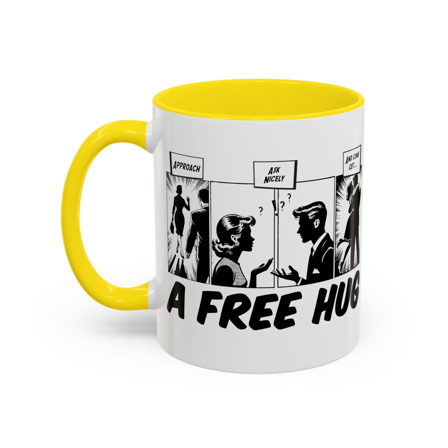 Free Hug Day Accent Coffee Mug – Funny Black & White Comic Speech Bubble Design (11/15 oz)