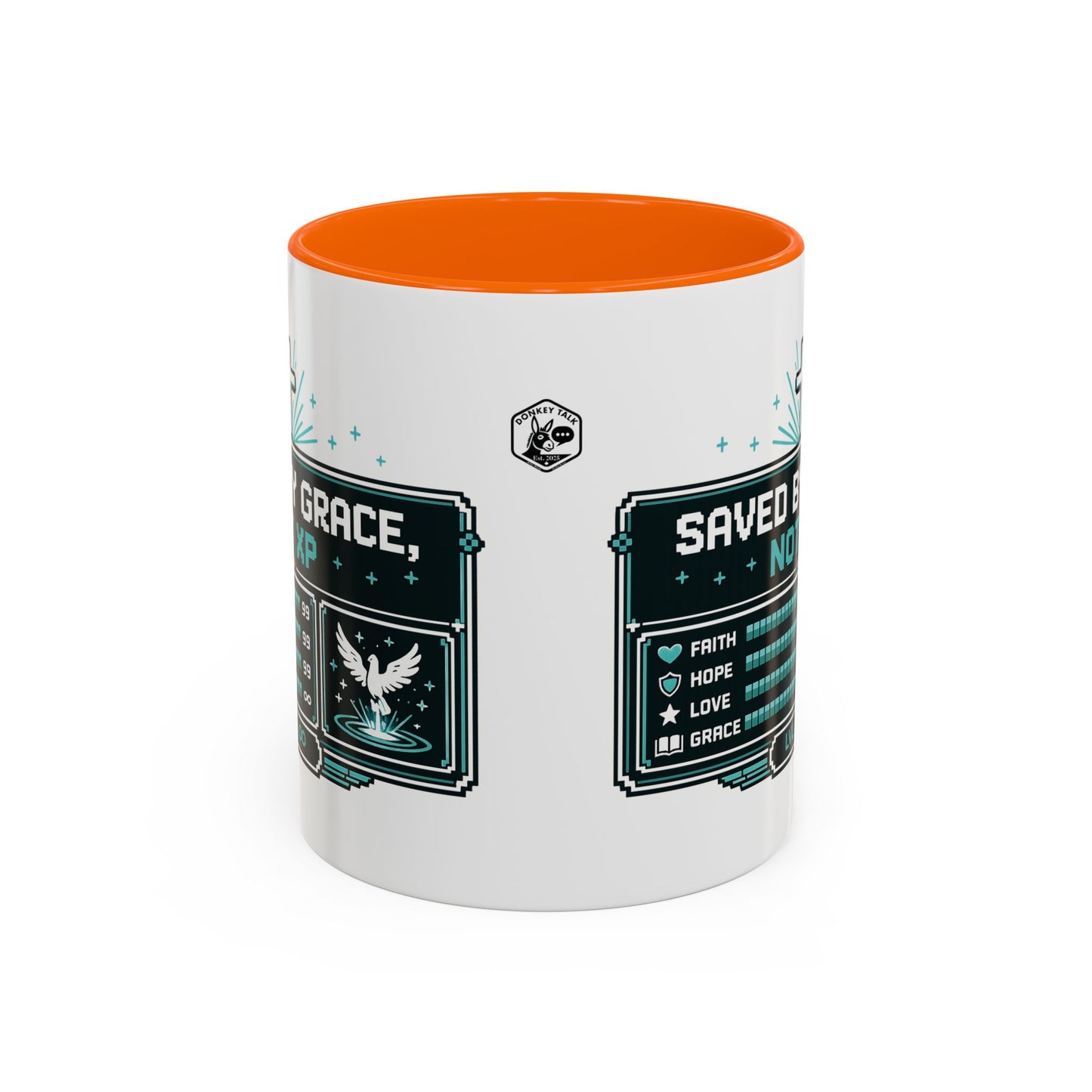 Christian Coffee Mug — "Saved by Grace, Not XP" Gamer Faith Accent Mug