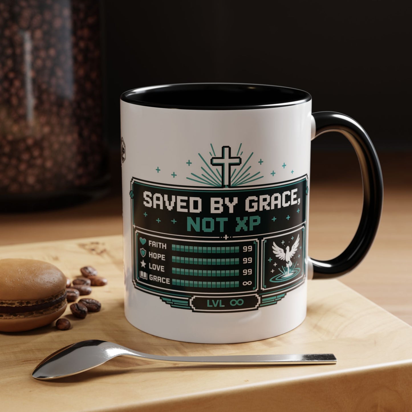 Christian Coffee Mug — "Saved by Grace, Not XP" Gamer Faith Accent Mug