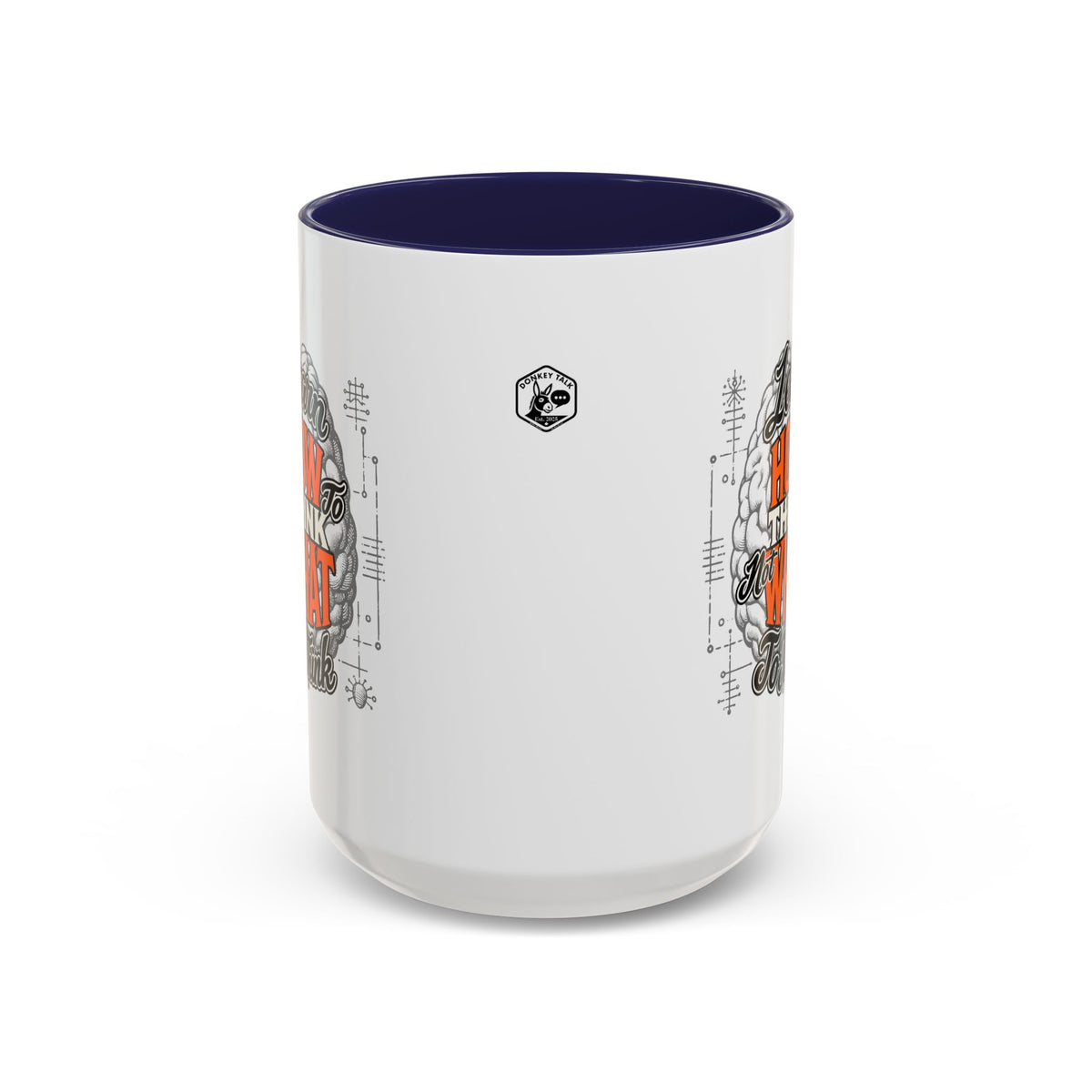 Taza de café con acento: "Aprende a pensar, no qué pensar", taza con frase inspiradora
