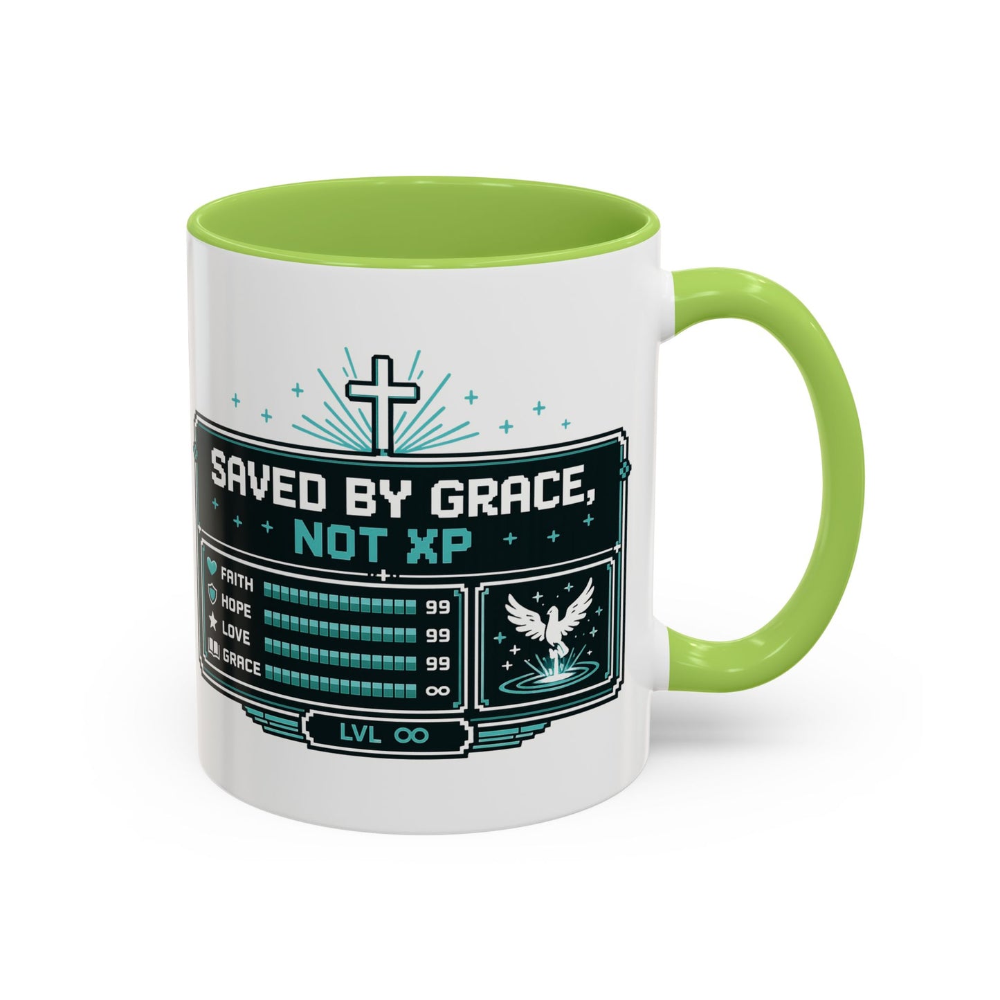 Christian Coffee Mug — "Saved by Grace, Not XP" Gamer Faith Accent Mug