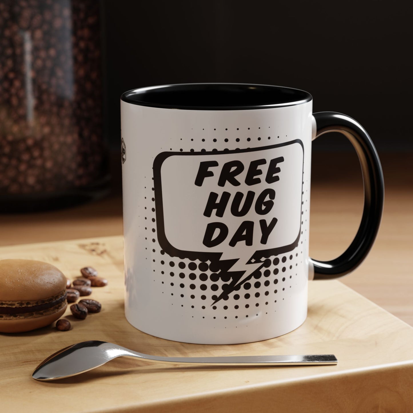 Free Hug Day Accent Coffee Mug – Funny Black & White Comic Speech Bubble Design (11/15 oz)
