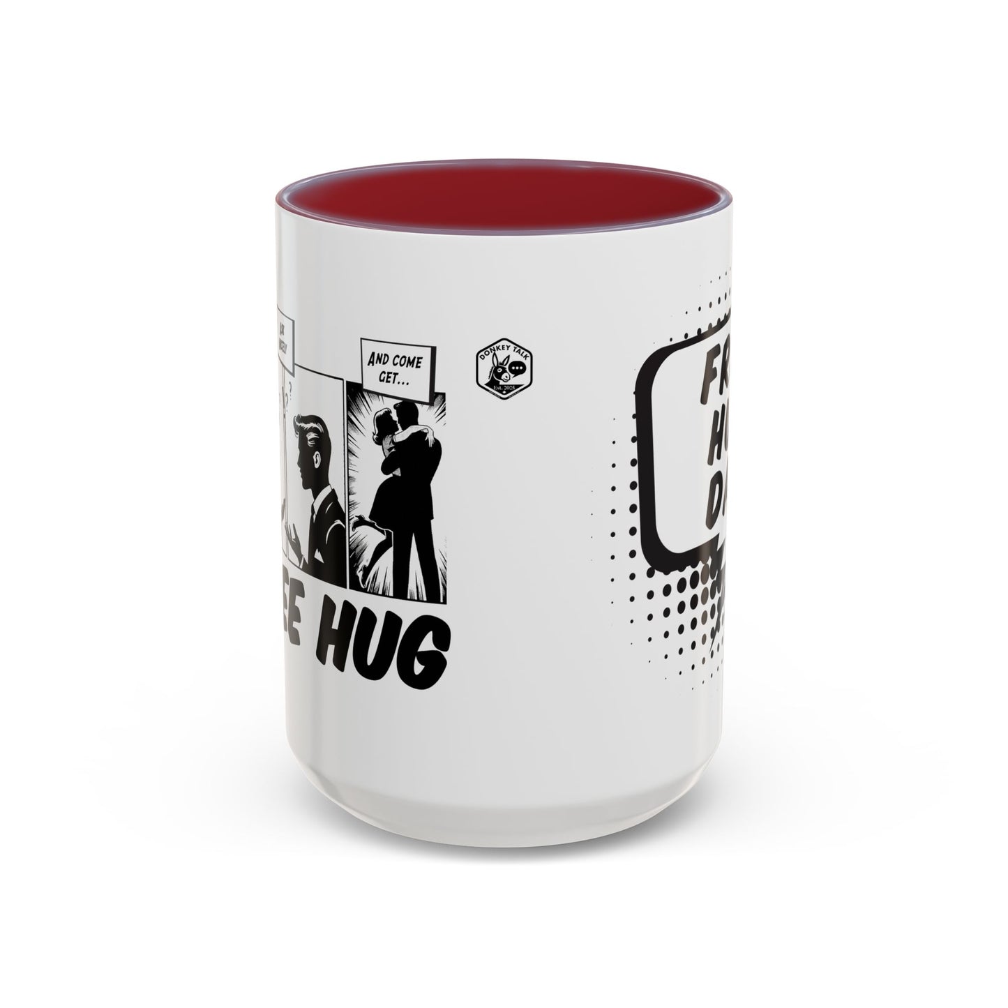 Free Hug Day Accent Coffee Mug – Funny Black & White Comic Speech Bubble Design (11/15 oz)