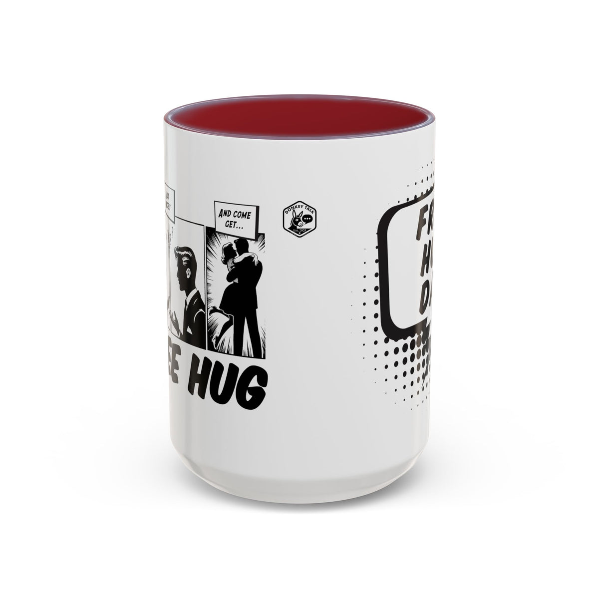 Free Hug Day comic speech bubble coffee mug – Donkey Talk ceramic mug