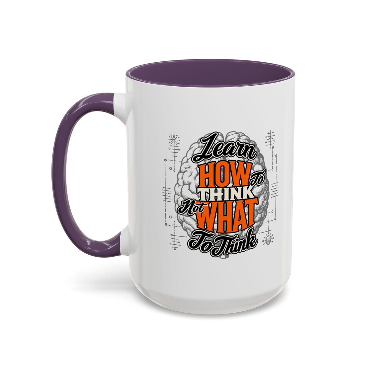 Taza de café con acento: "Aprende a pensar, no qué pensar", taza con frase inspiradora