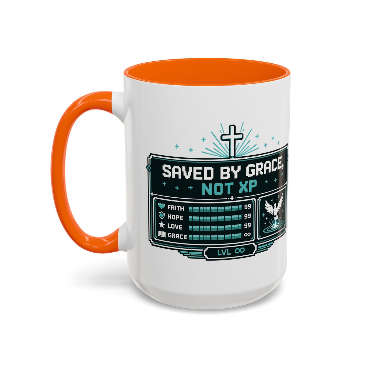 Christian Coffee Mug — "Saved by Grace, Not XP" Gamer Faith Accent Mug