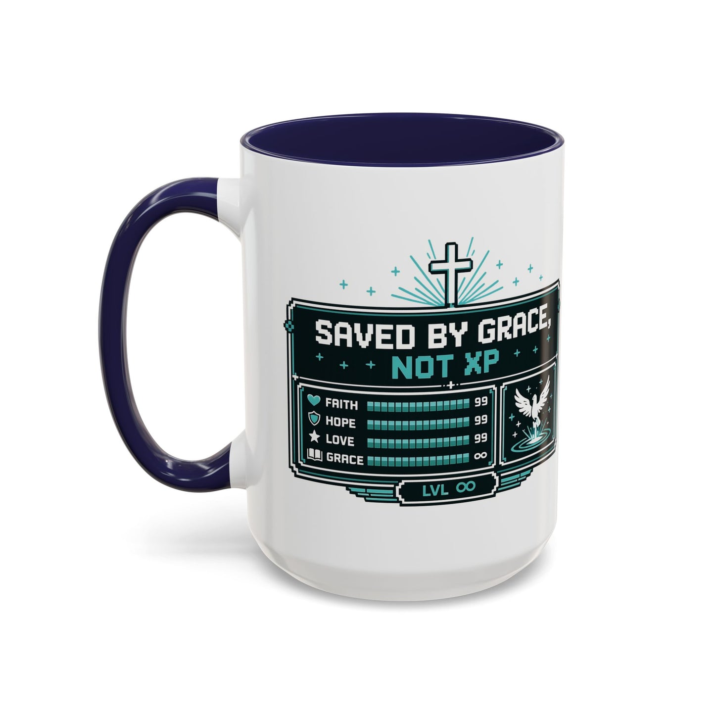 Christian Coffee Mug — "Saved by Grace, Not XP" Gamer Faith Accent Mug