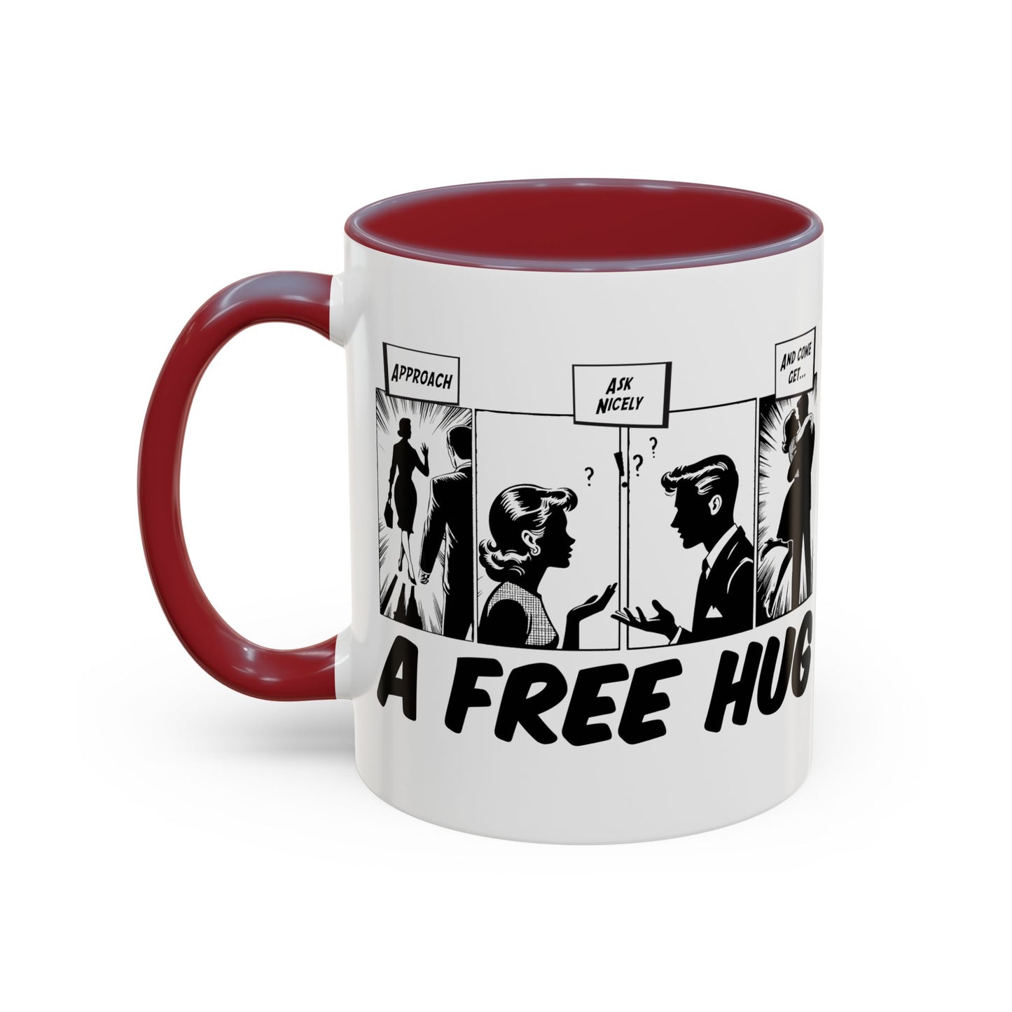 Free Hug Day Accent Coffee Mug – Funny Black & White Comic Speech Bubble Design (11/15 oz)