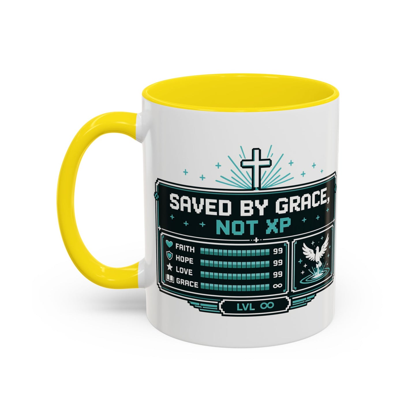 Christian Coffee Mug — "Saved by Grace, Not XP" Gamer Faith Accent Mug