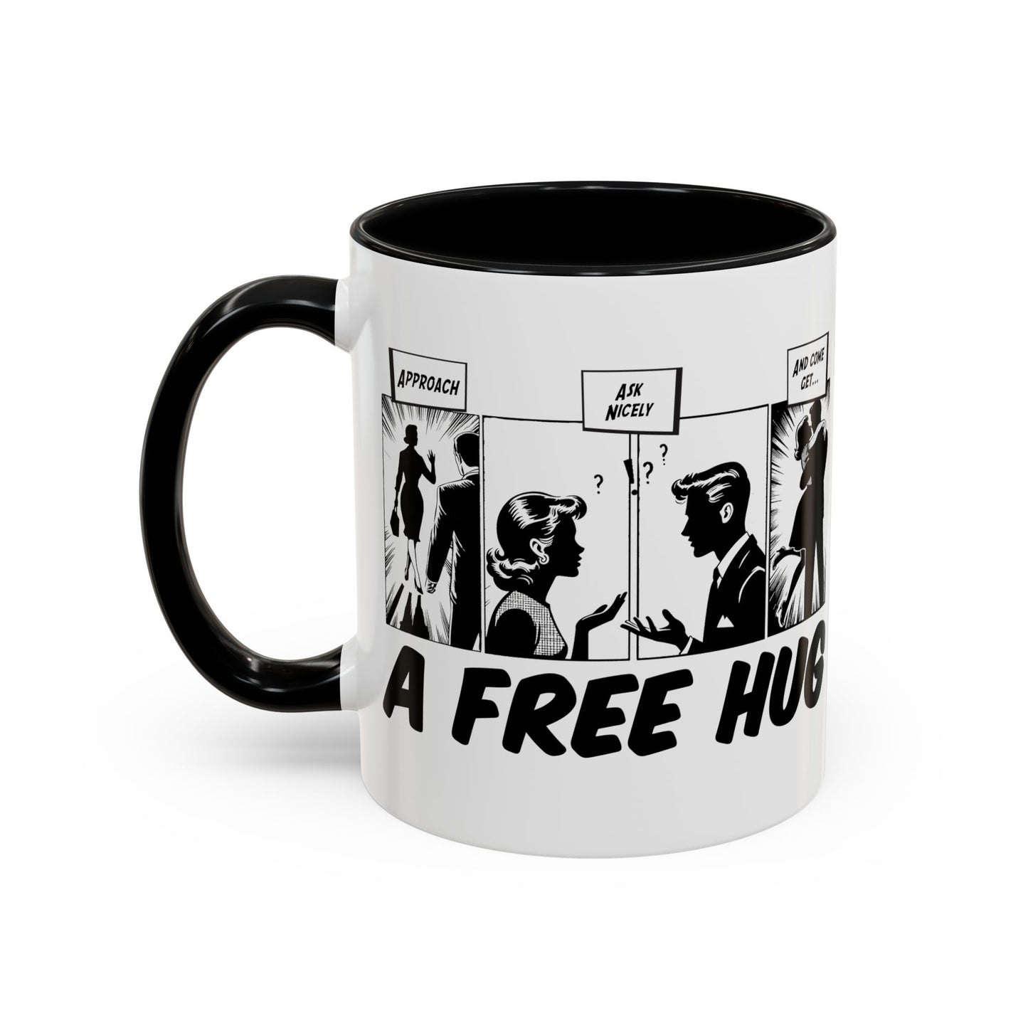 Free Hug Day Accent Coffee Mug – Funny Black & White Comic Speech Bubble Design (11/15 oz)