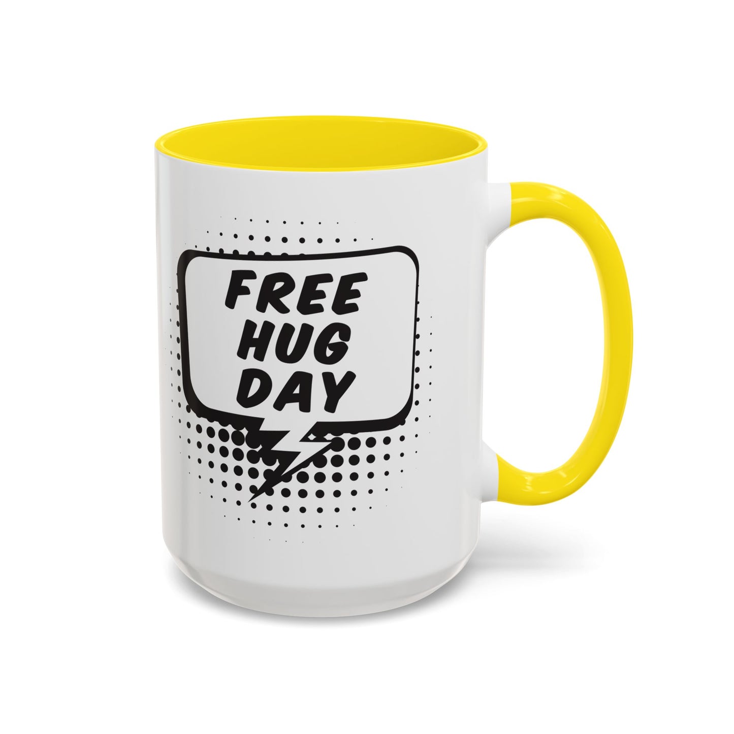 Free Hug Day Accent Coffee Mug – Funny Black & White Comic Speech Bubble Design (11/15 oz)