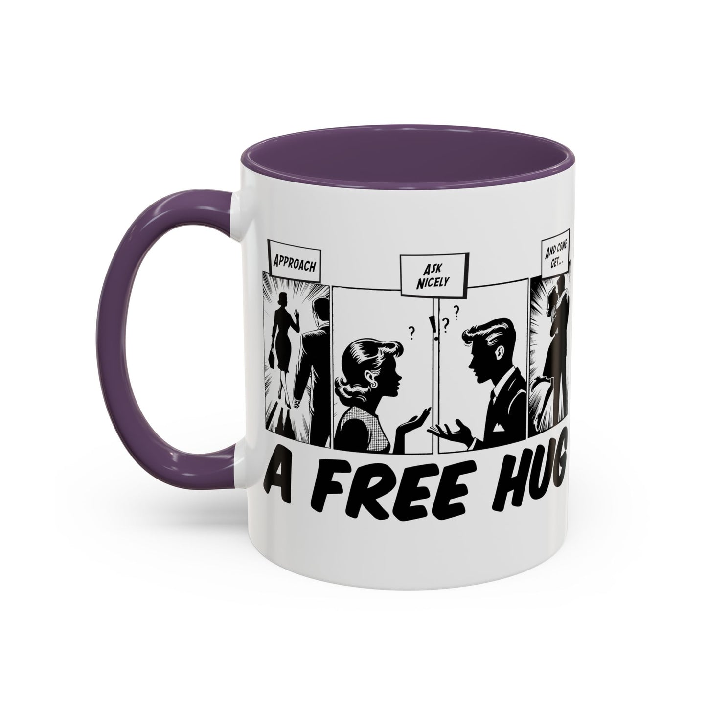 Free Hug Day Accent Coffee Mug – Funny Black & White Comic Speech Bubble Design (11/15 oz)
