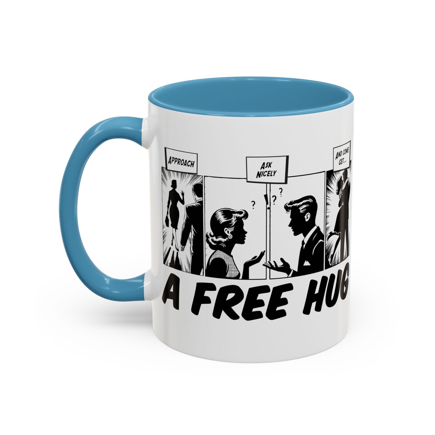 Free Hug Day Accent Coffee Mug – Funny Black & White Comic Speech Bubble Design (11/15 oz)