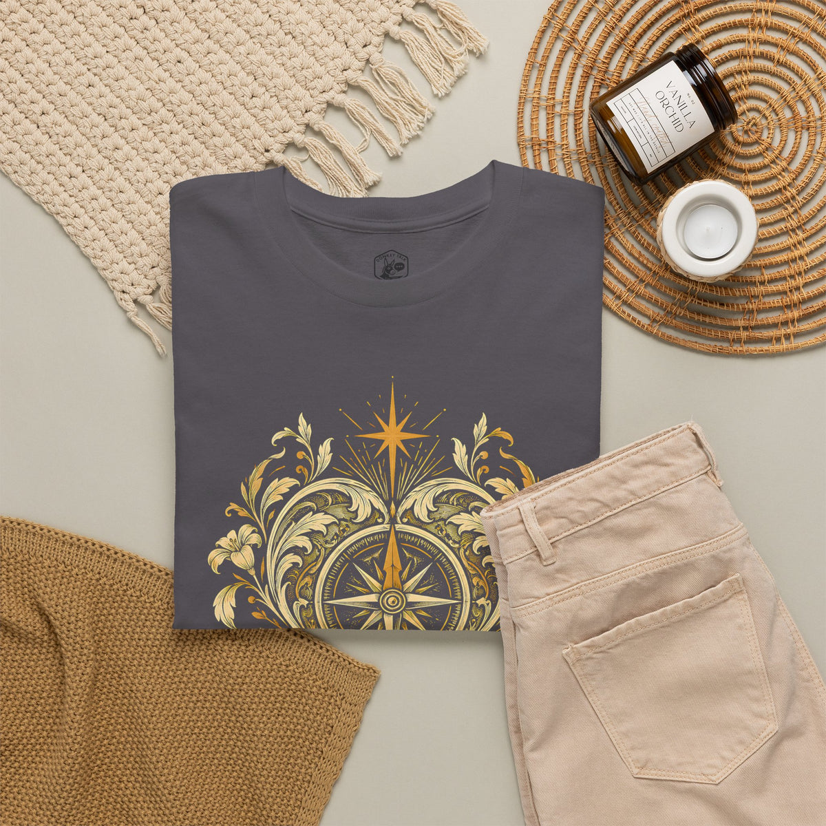 Our Hearts Are Restless Gold Compass Heart T-Shirt | Augustine Christian Tee