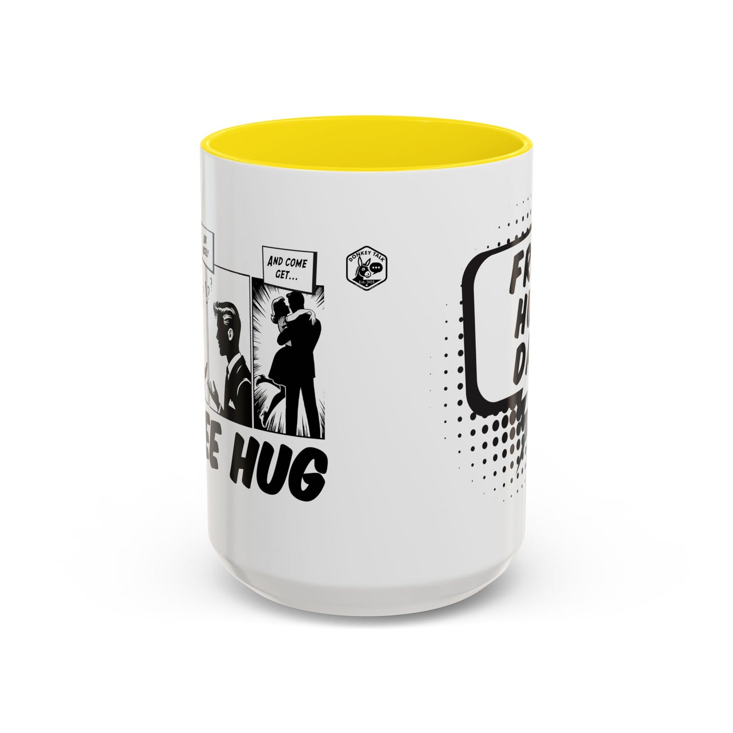 Free Hug Day Accent Coffee Mug – Funny Black & White Comic Speech Bubble Design (11/15 oz)